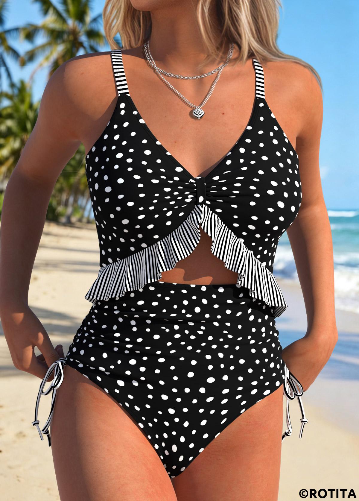 Black swimwear,Dot swimwear,ROTITA Black Fake 2in1 Polka Dot One Piece Swimwear