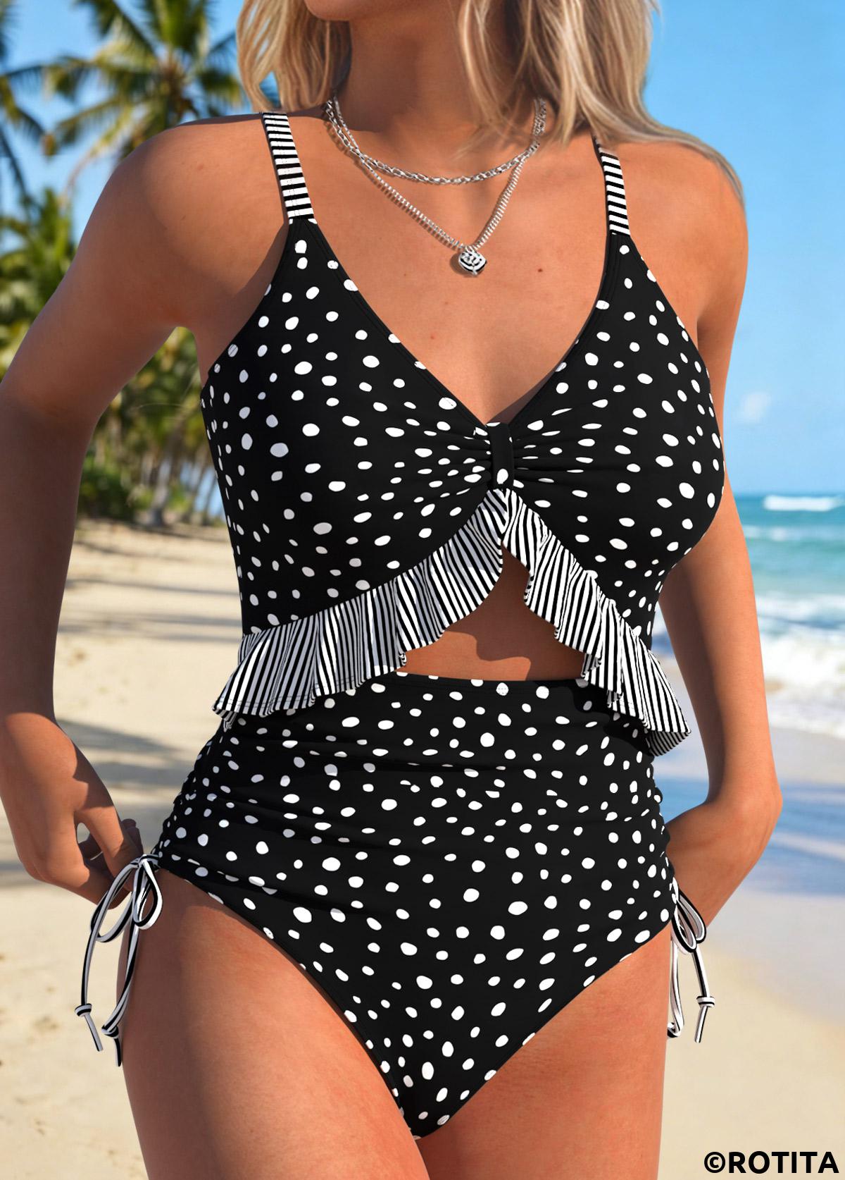 Black swimwear,Dot swimwear,ROTITA Black Fake 2in1 Polka Dot One Piece Swimwear