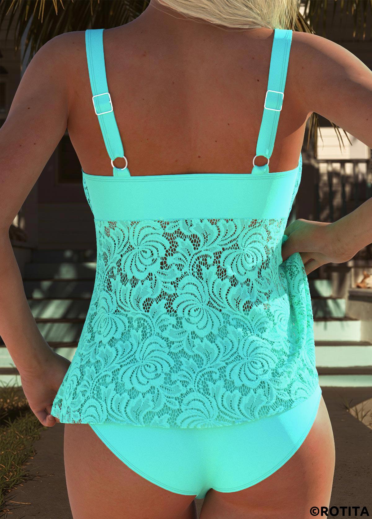 Cyan swimwear,Plain Color swimwear,ROTITA Cyan Tummy Coverage Mid Waisted Tankini Set