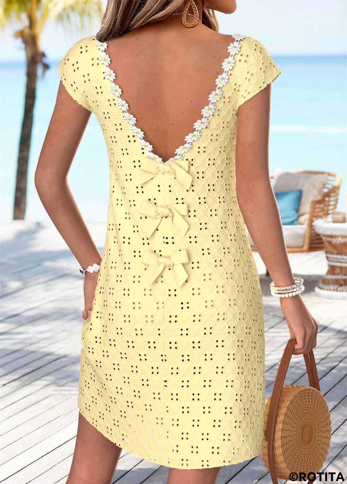 Light Yellow dresses,Plain Color dresses,Vacation dresses,Vacation dresses,ROTITA Light Yellow Bowknot Short V Neck Dress