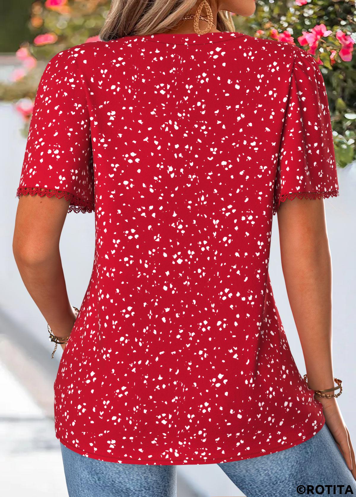 Red tops,Dot tops,ROTITA Curved Hem Polka Dot Red V Neck T Shirt