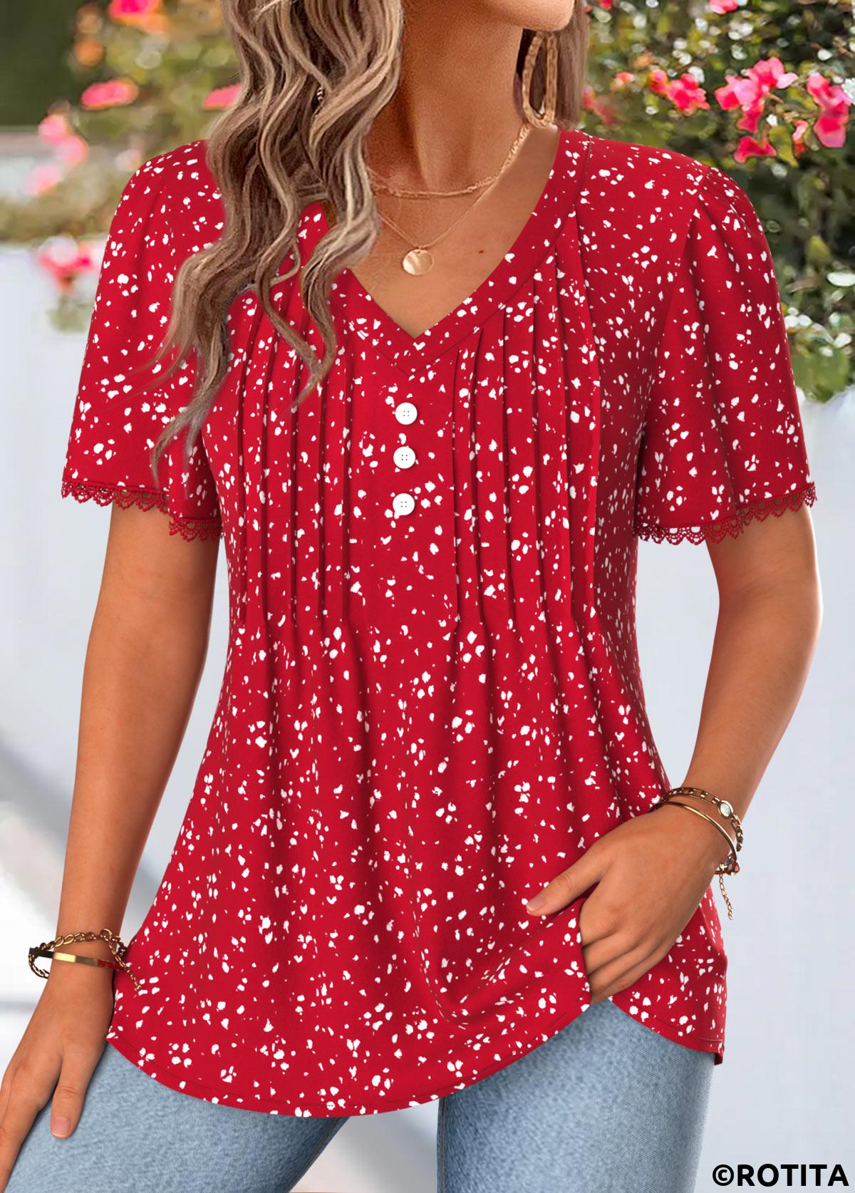 Red tops,Dot tops,ROTITA Curved Hem Polka Dot Red V Neck T Shirt