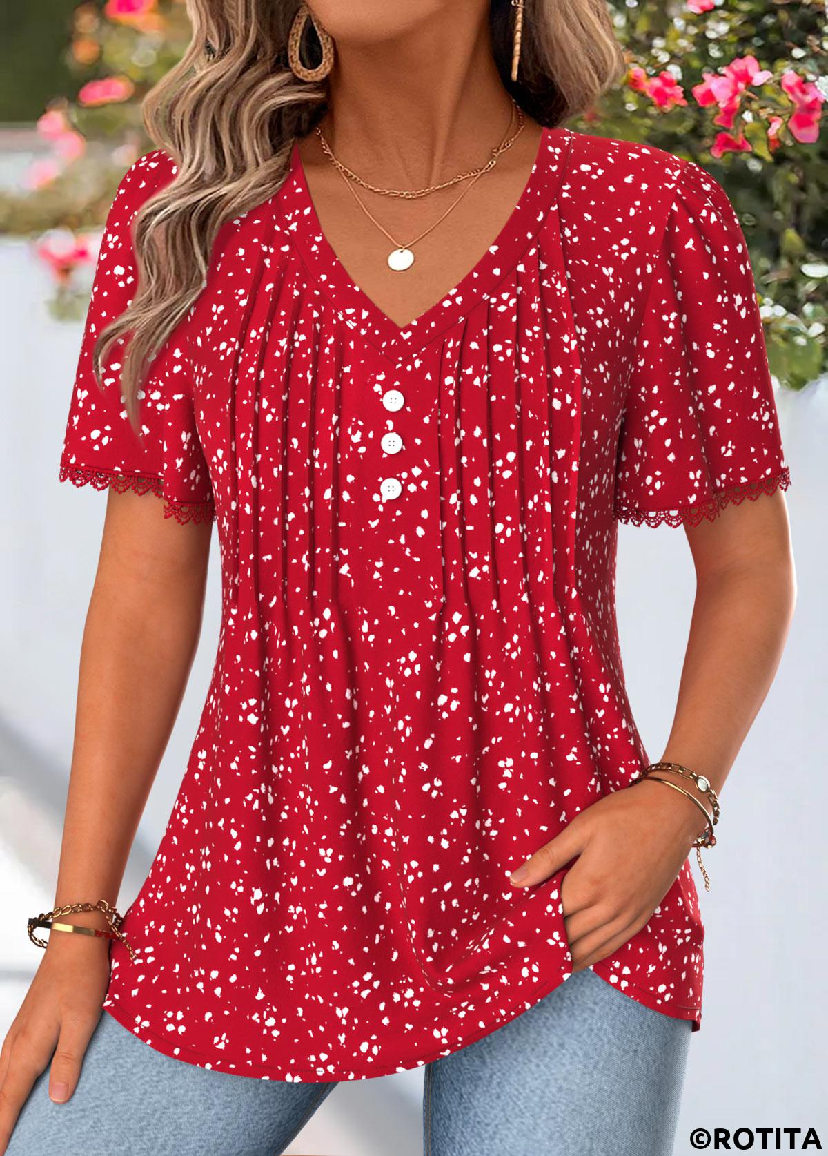 Red tops,Dot tops,ROTITA Curved Hem Polka Dot Red V Neck T Shirt