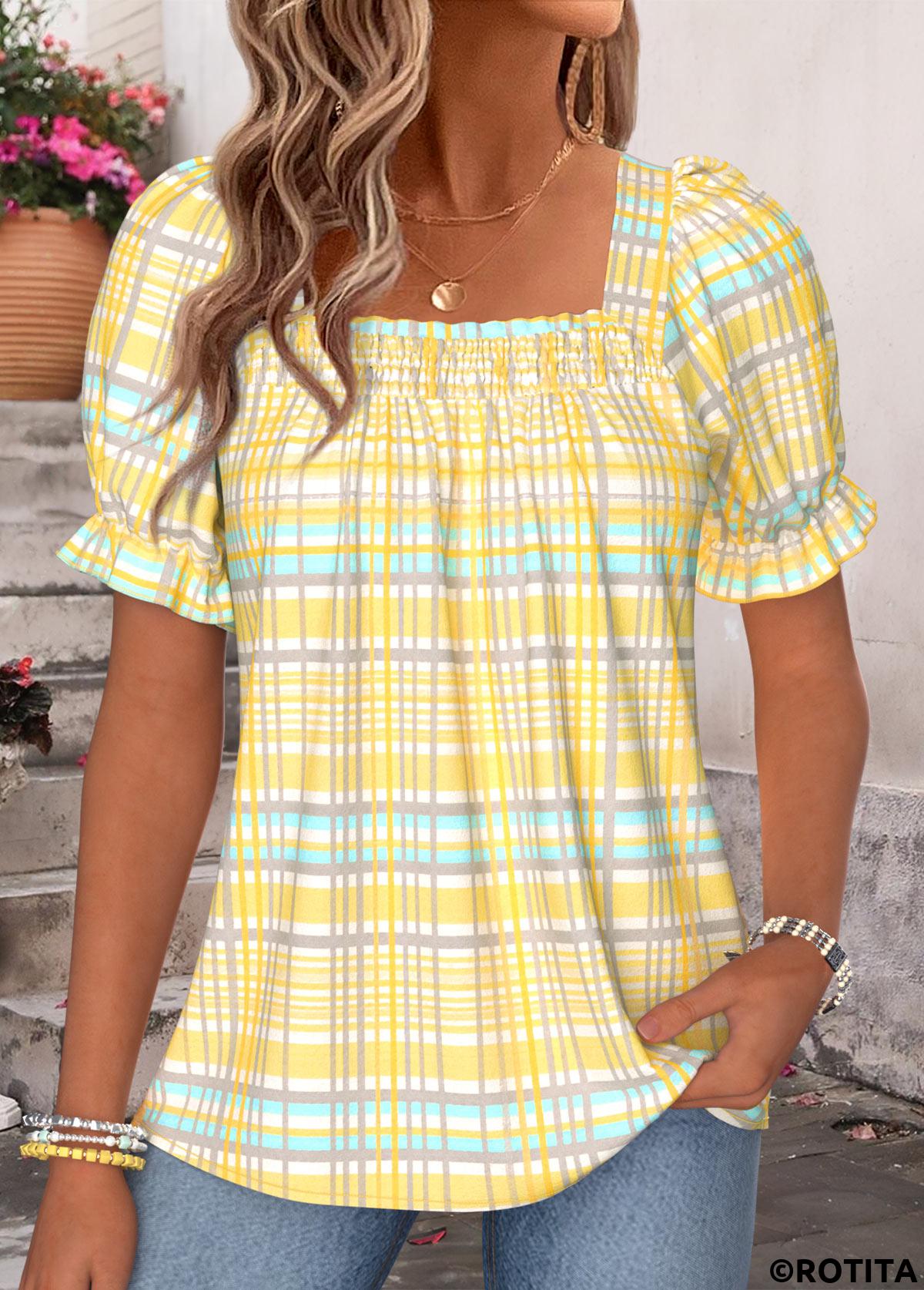 Yellow tops,Plaid tops,Geometric tops,ROTITA Curved Hem Plaid Yellow Square Neck Short Sleeve Blouse
