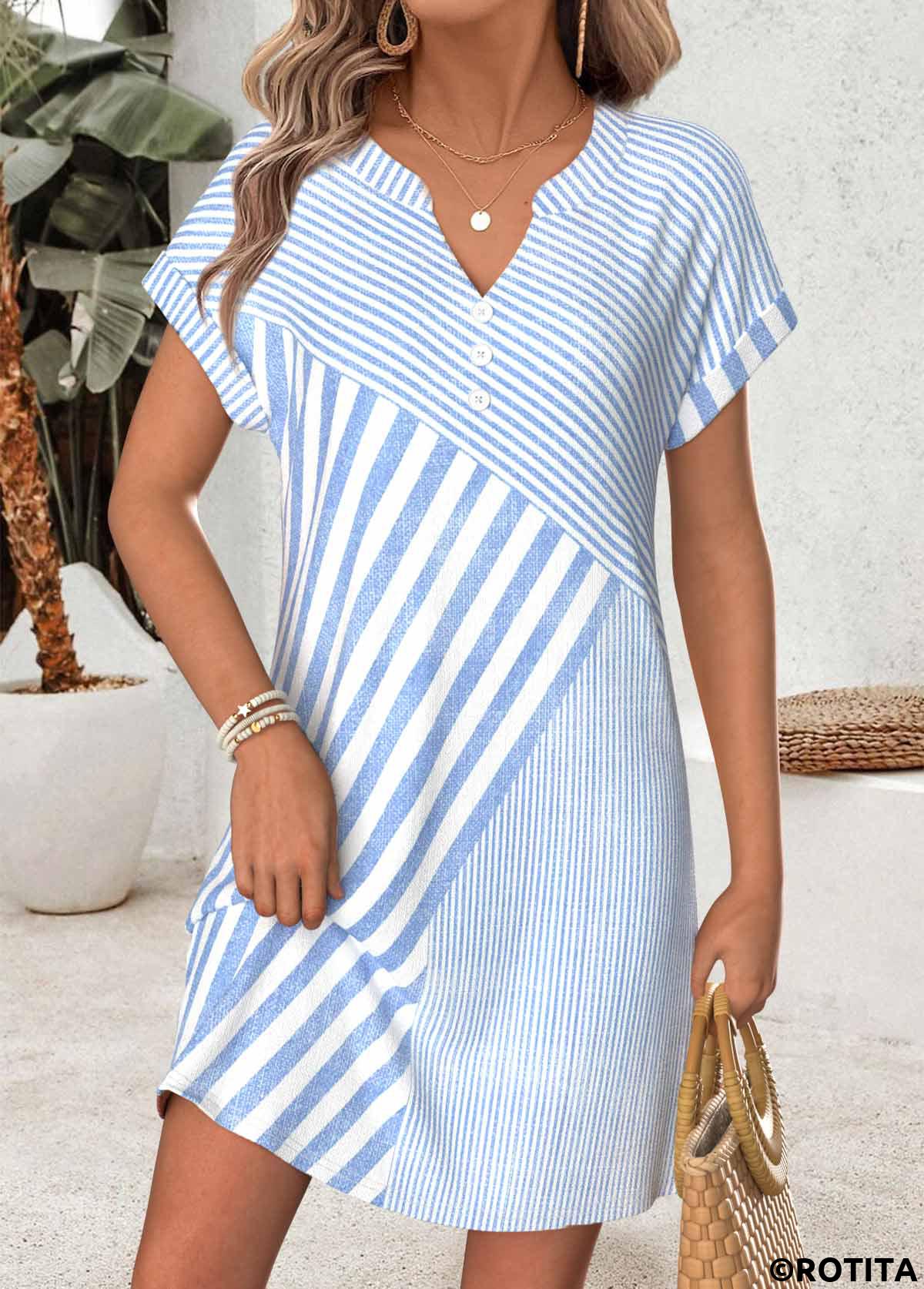 Light Blue dresses,Geometric dresses,Everyday dresses,Casual dresses,ROTITA Light Blue Geometric Print Tummy Coverage Short Dress