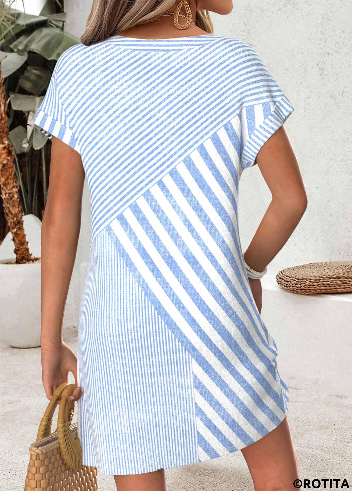 Light Blue dresses,Geometric dresses,Everyday dresses,Casual dresses,ROTITA Light Blue Geometric Print Tummy Coverage Short Dress
