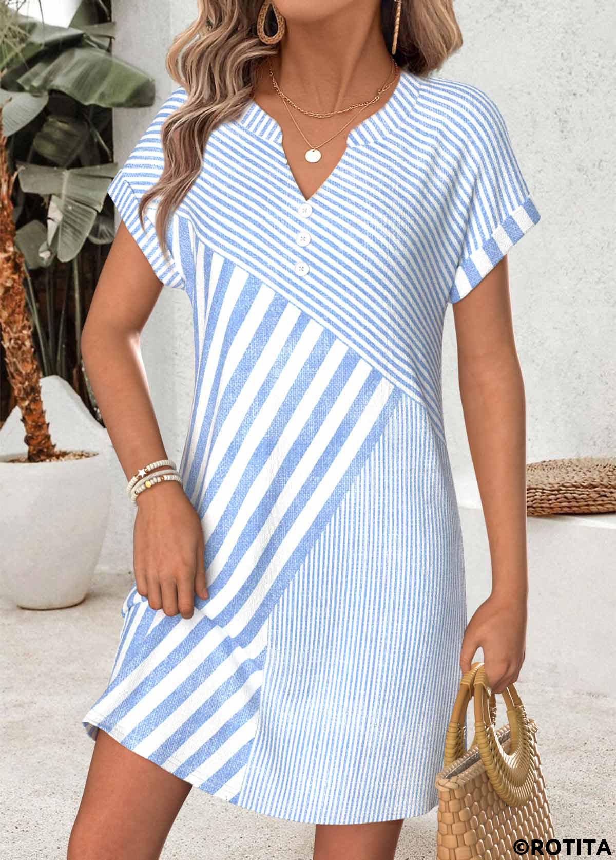 Light Blue dresses,Geometric dresses,Everyday dresses,Casual dresses,ROTITA Light Blue Geometric Print Tummy Coverage Short Dress