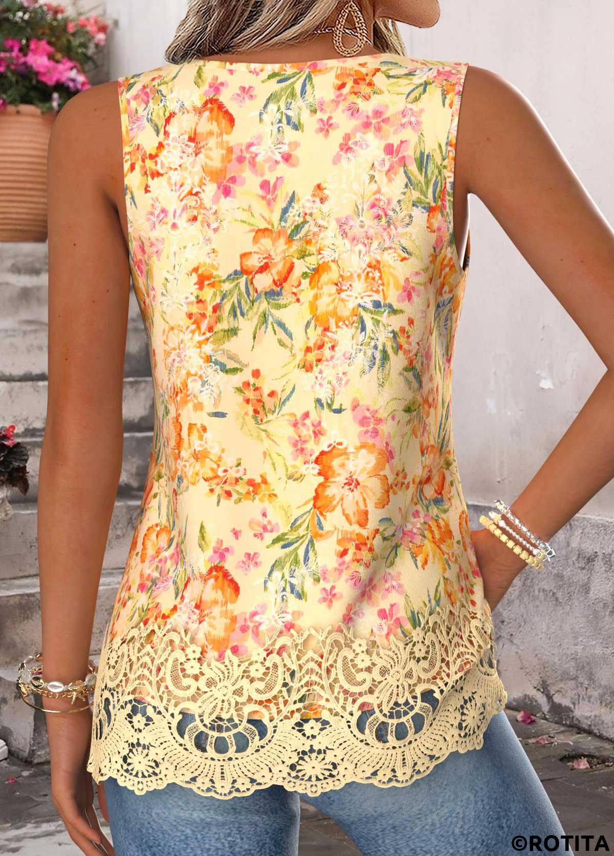 Yellow tops,Floral tops,Plants tops,ROTITA Curved Hem Floral Print Yellow V Neck Tank Top