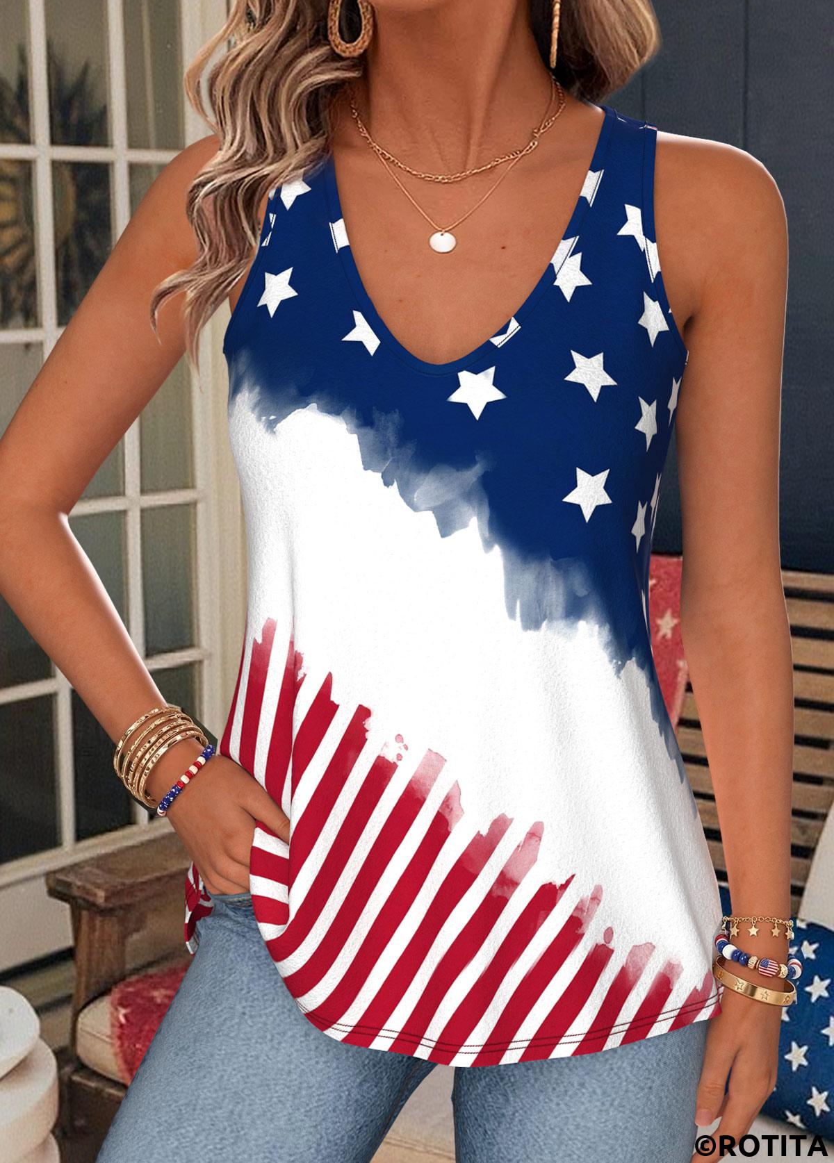 Blue tops,Flag tops,ROTITA American Flag Blue V Neck Sleeveless Tank Top