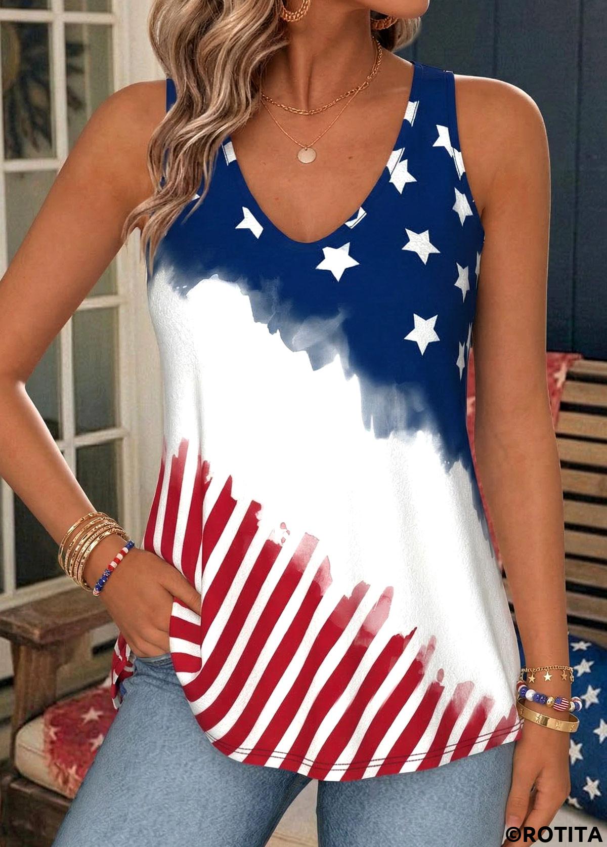 Blue tops,Flag tops,ROTITA American Flag Blue V Neck Sleeveless Tank Top