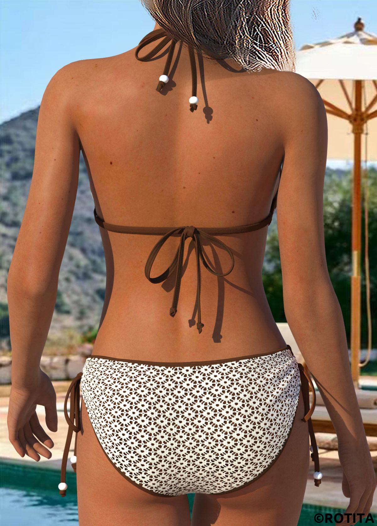 Light Coffee swimwear,Contrast Color swimwear,ROTITA Light Coffee Two-piece Mid Waisted Bikini Set