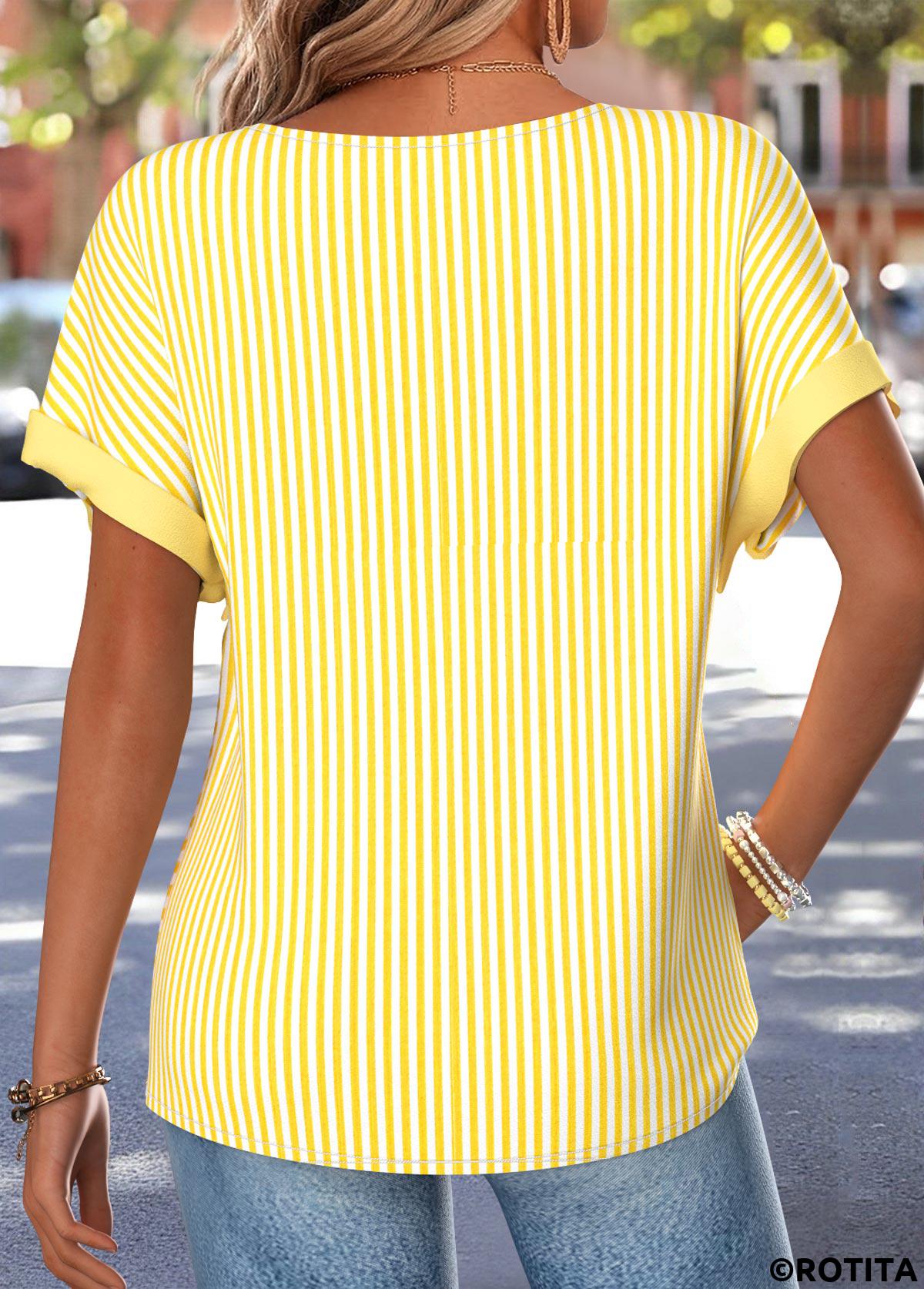 Yellow tops,Striped tops,Geometric tops,ROTITA Button Striped Yellow Boat Neck Short Sleeve T Shirt