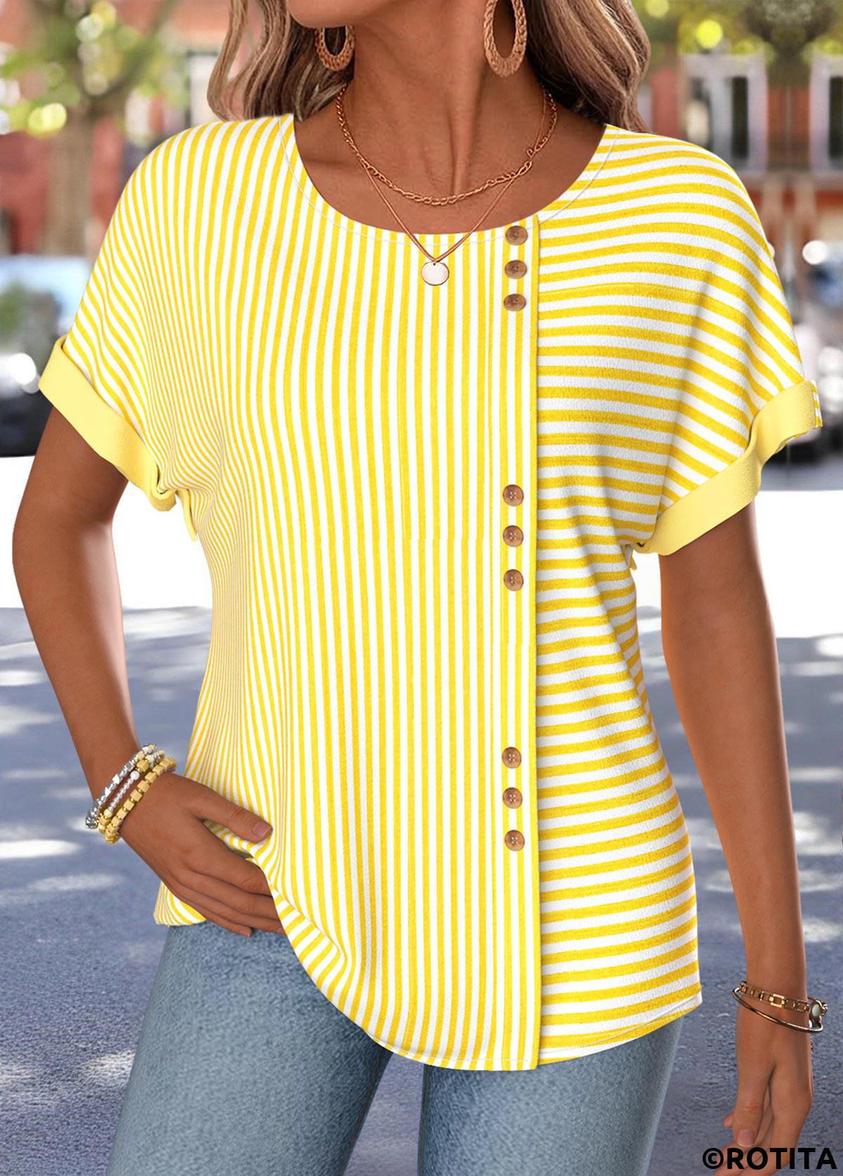 Yellow tops,Striped tops,Geometric tops,ROTITA Button Striped Yellow Boat Neck Short Sleeve T Shirt