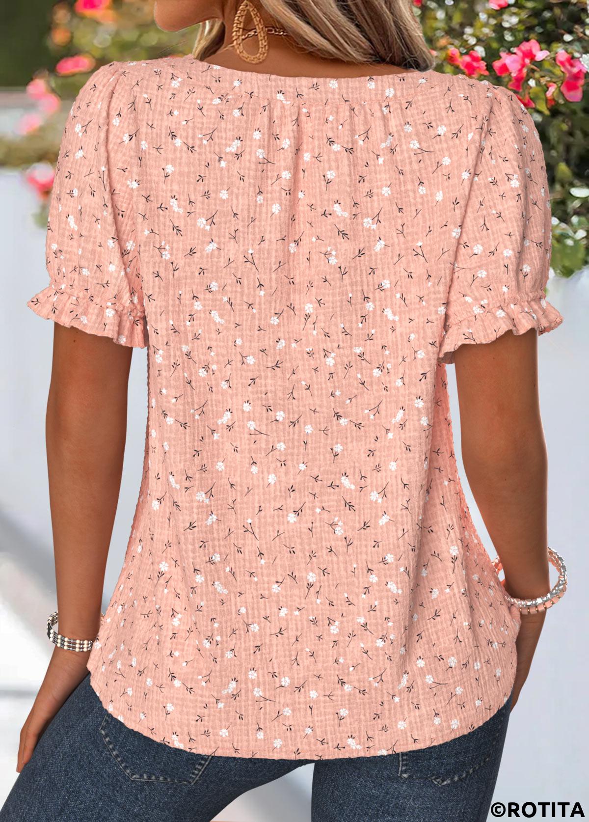 Dusty Pink tops,Ditsy Floral tops,ROTITA Smocked Ditsy Floral Print Dusty Pink Square Neck Blouse