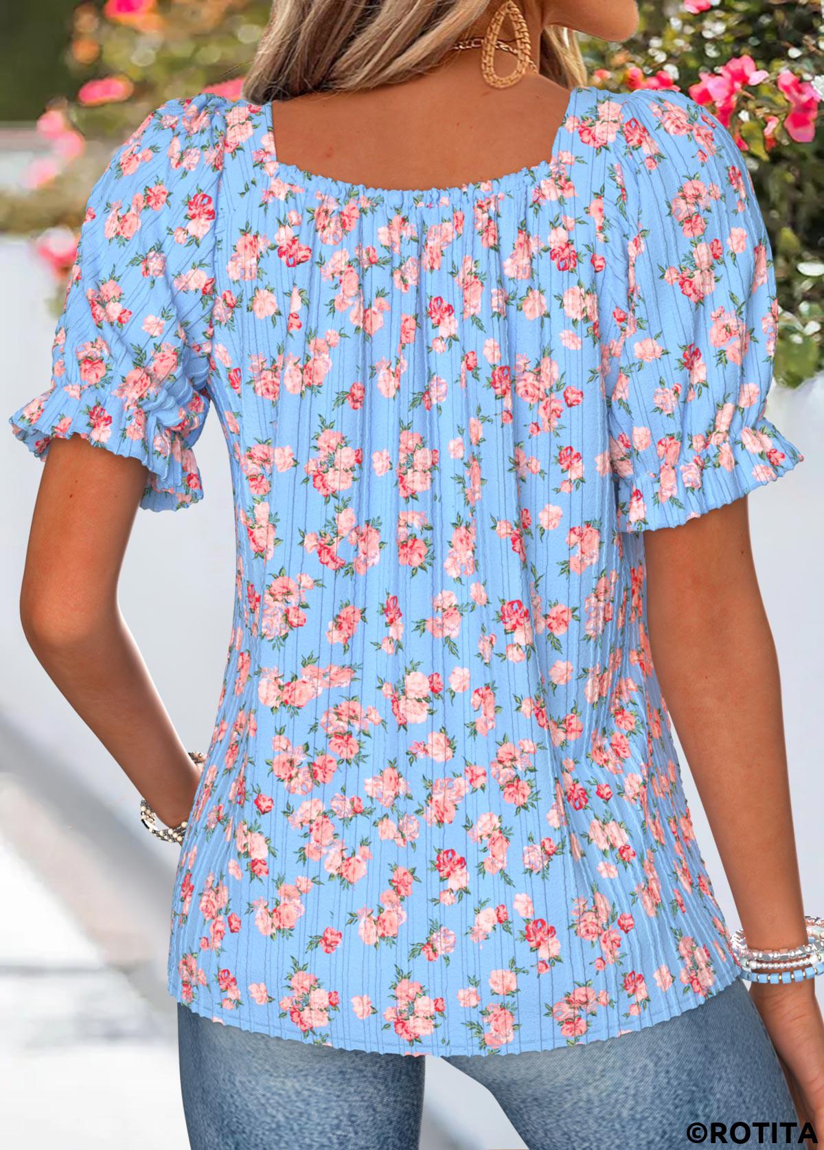 Light Blue tops,Ditsy Floral tops,ROTITA Smocked Ditsy Floral Print Light Blue Square Neck Blouse