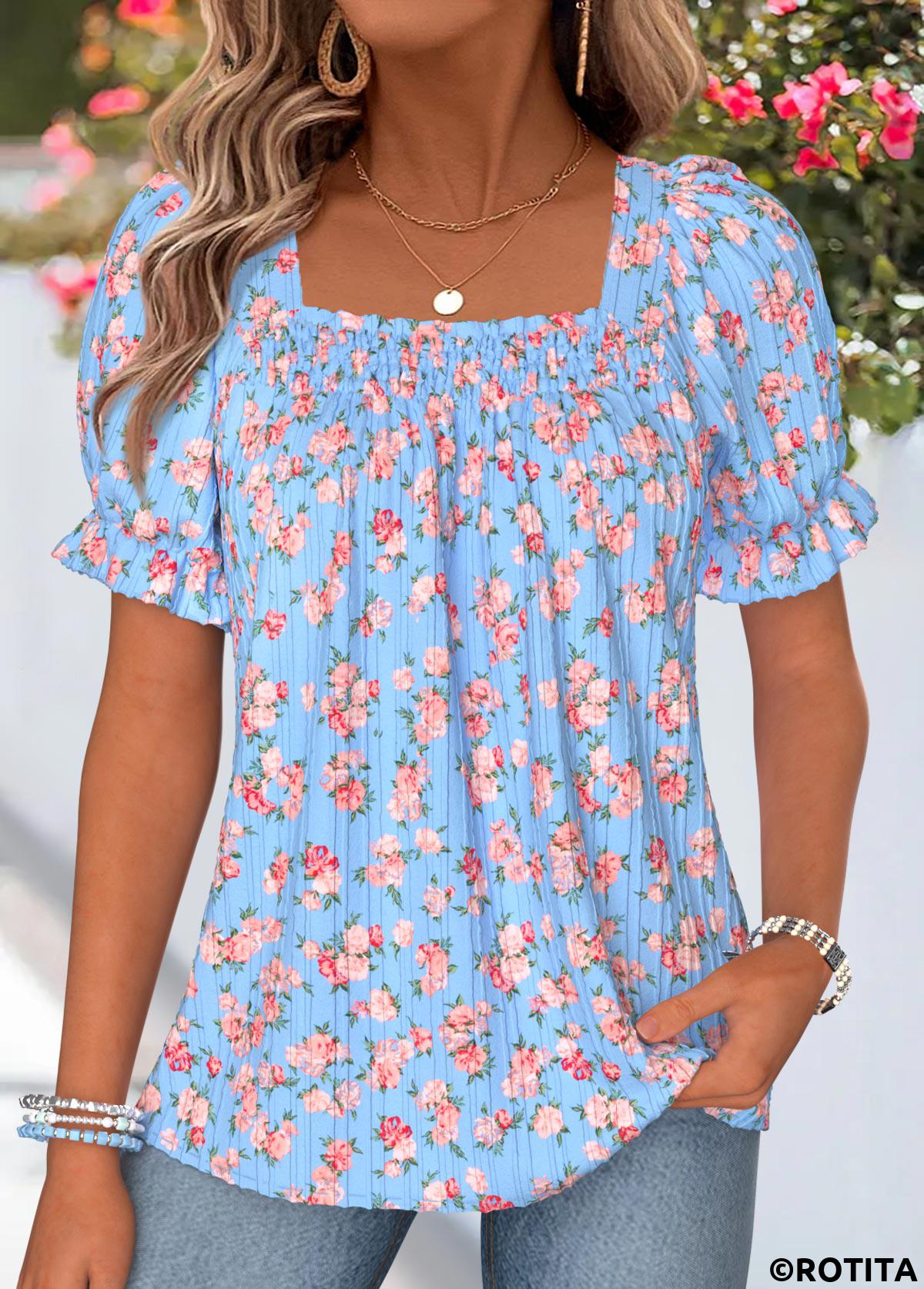 Light Blue tops,Ditsy Floral tops,ROTITA Smocked Ditsy Floral Print Light Blue Square Neck Blouse