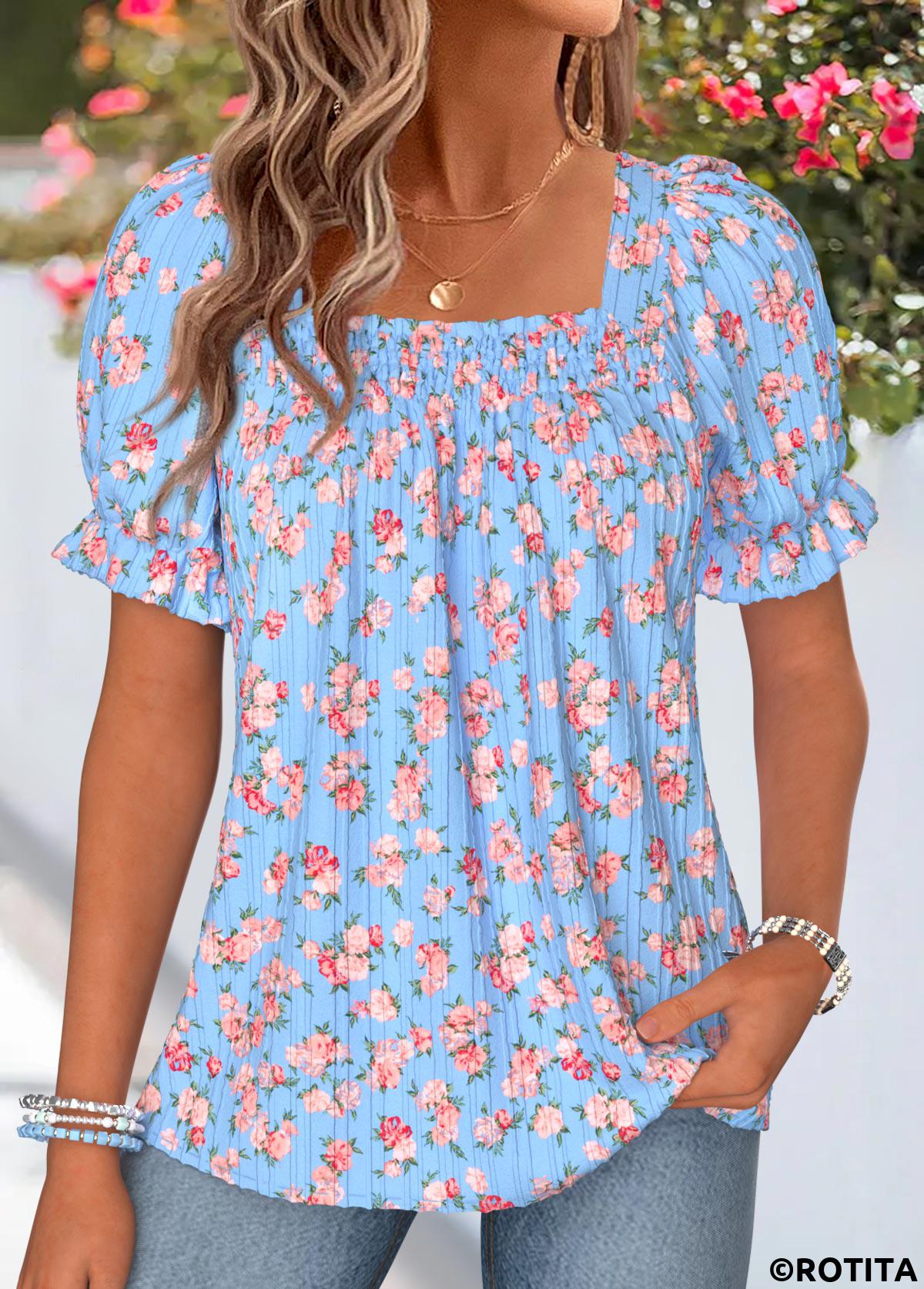 Light Blue tops,Ditsy Floral tops,ROTITA Smocked Ditsy Floral Print Light Blue Square Neck Blouse