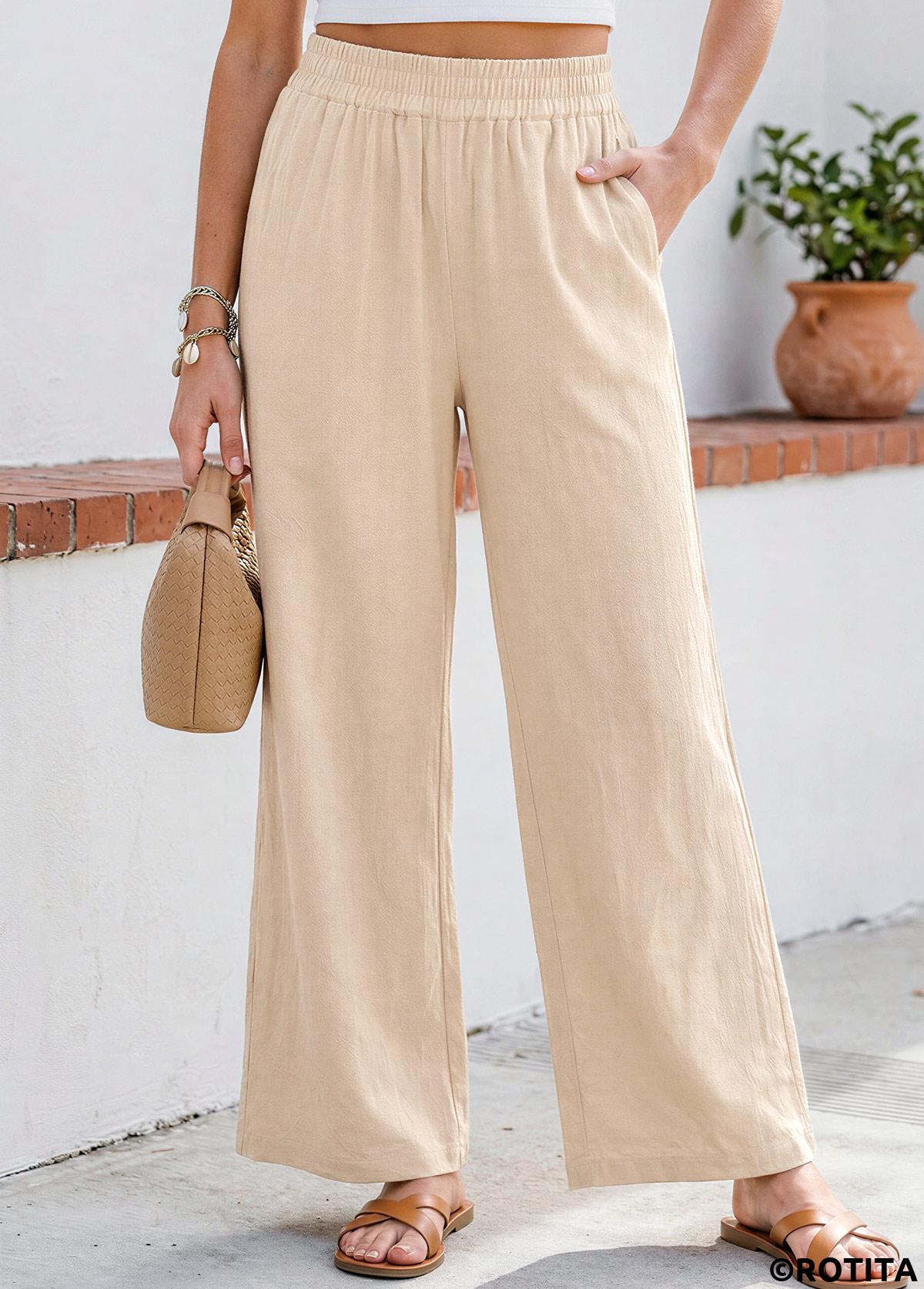 Beige bottoms,Plain Color bottoms,Beige Straight Leg Elastic Waist High Waisted Pants
