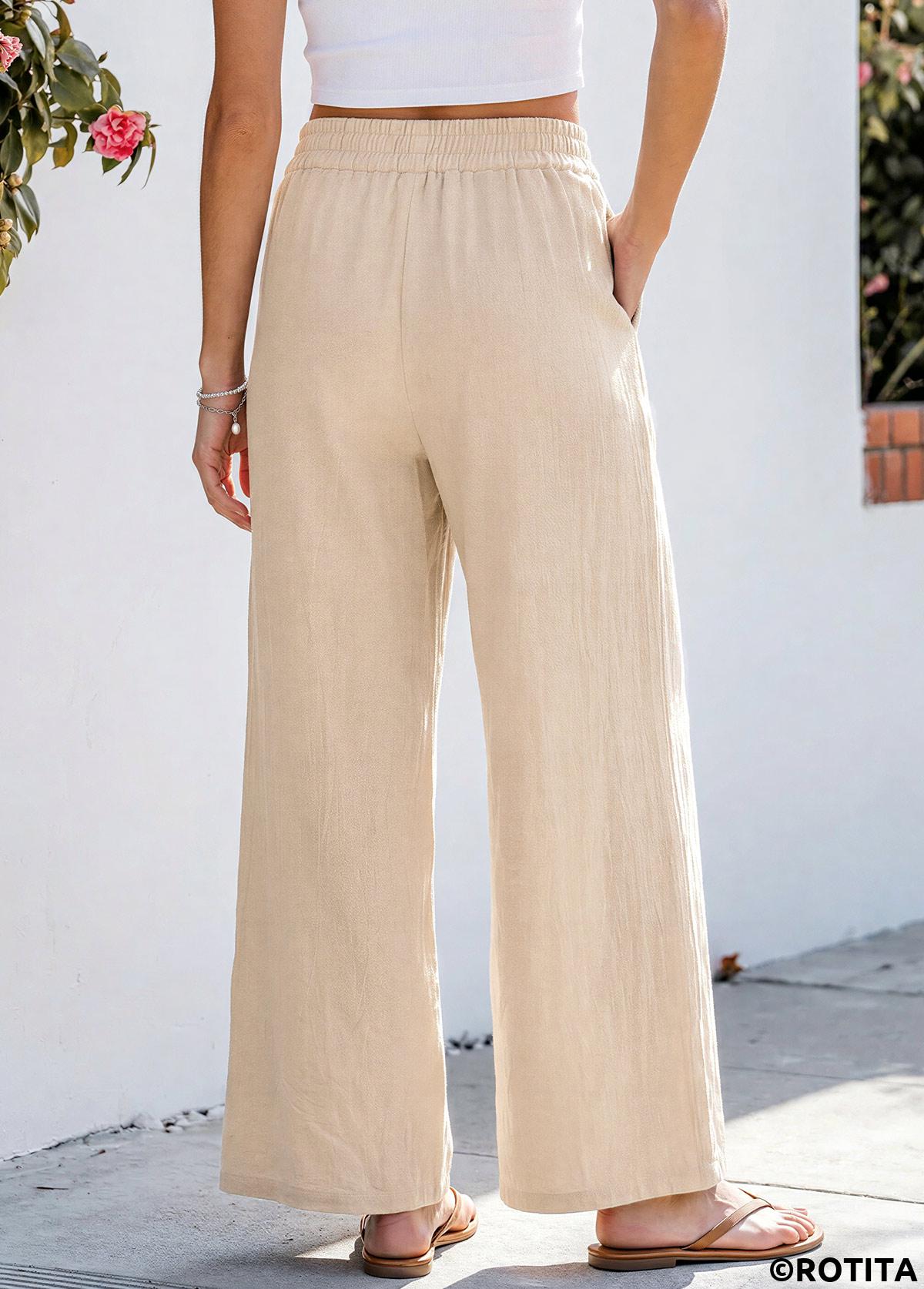 Beige bottoms,Plain Color bottoms,Beige Straight Leg Elastic Waist High Waisted Pants
