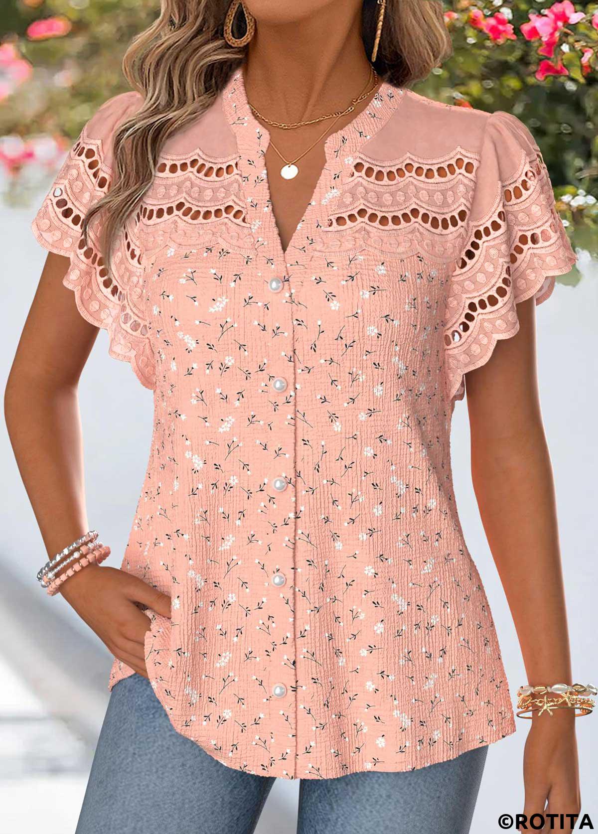 Dusty Pink tops,Plain Color tops,ROTITA Patchwork Dusty Pink Split Neck Short Sleeve Blouse
