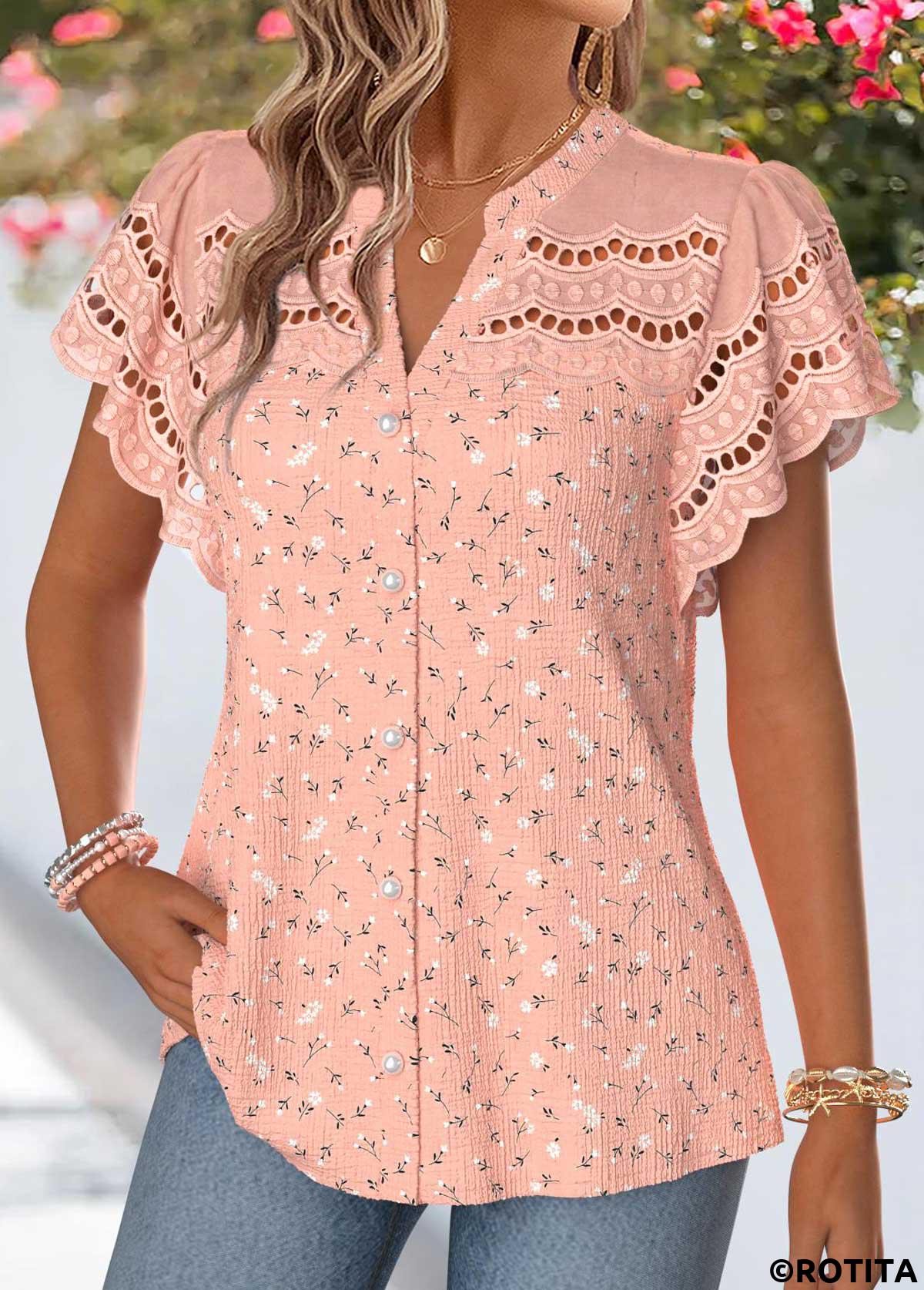 Dusty Pink tops,Plain Color tops,ROTITA Patchwork Dusty Pink Split Neck Short Sleeve Blouse