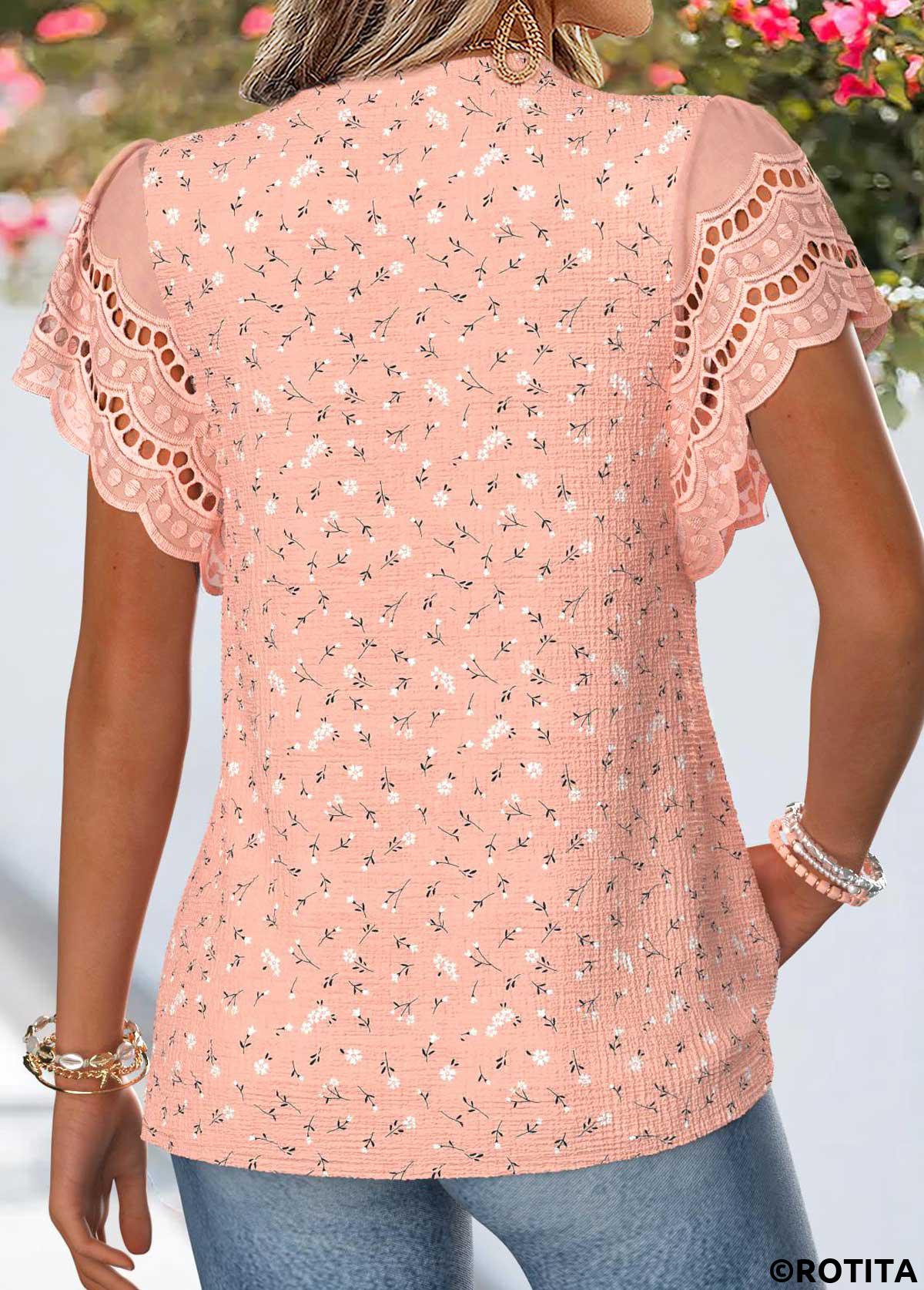 Dusty Pink tops,Plain Color tops,ROTITA Patchwork Dusty Pink Split Neck Short Sleeve Blouse