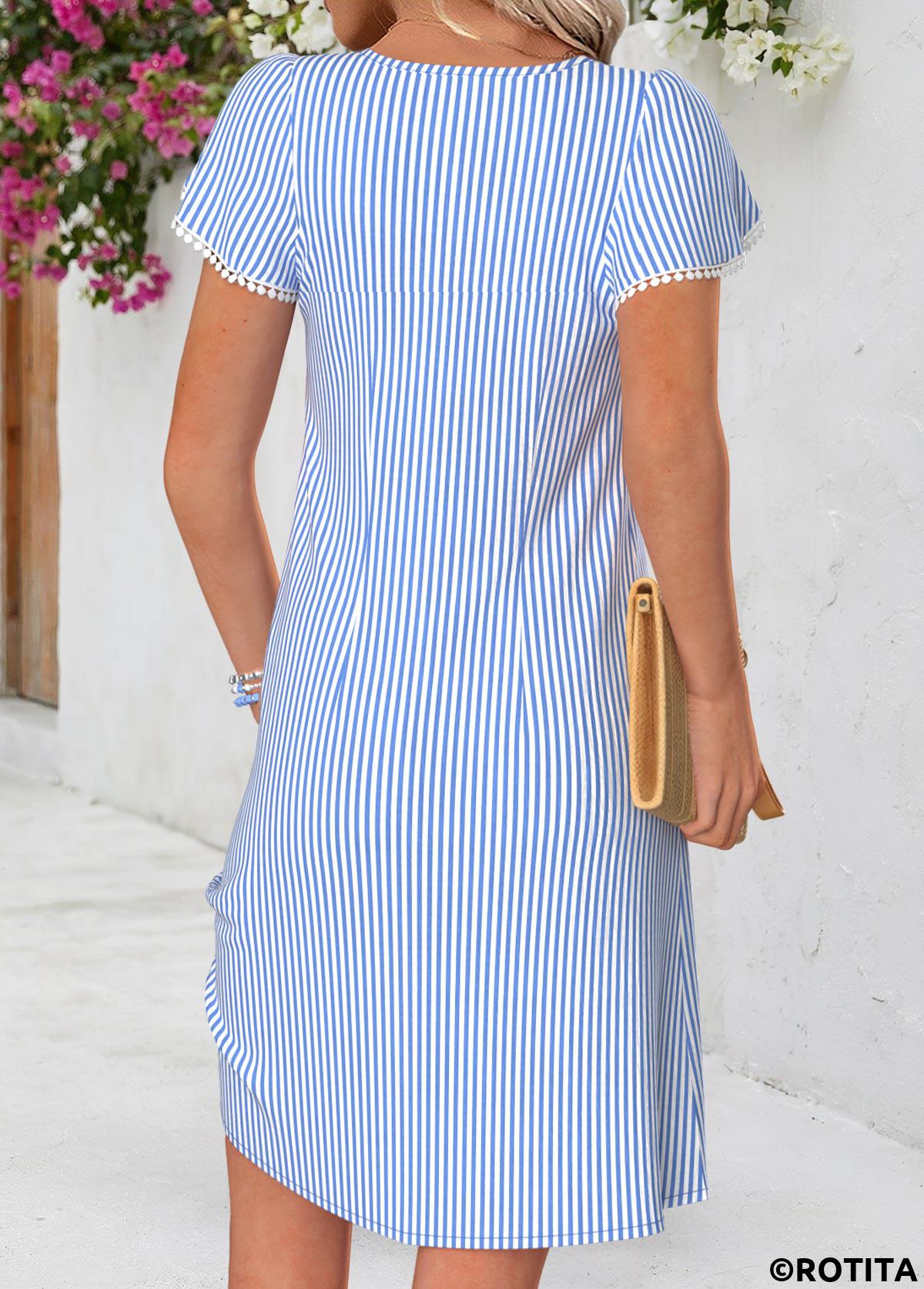 Light Blue dresses,Striped dresses,Geometric dresses,Vacation dresses,Vacation dresses,ROTITA Light Blue Striped Tummy Coverage Short V Neck Dress
