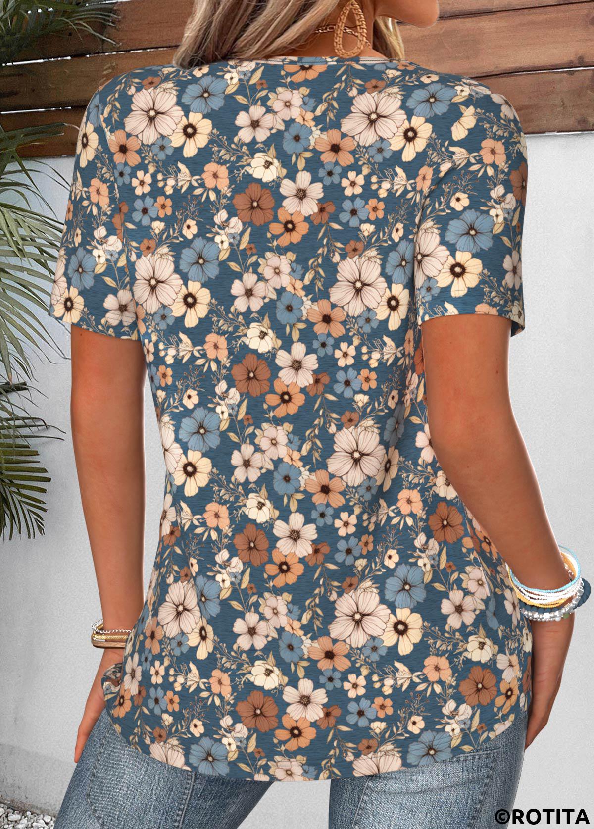 Peacock Blue tops,Floral tops,Plants tops,ROTITA Curved Hem Floral Print Peacock Blue T Shirt