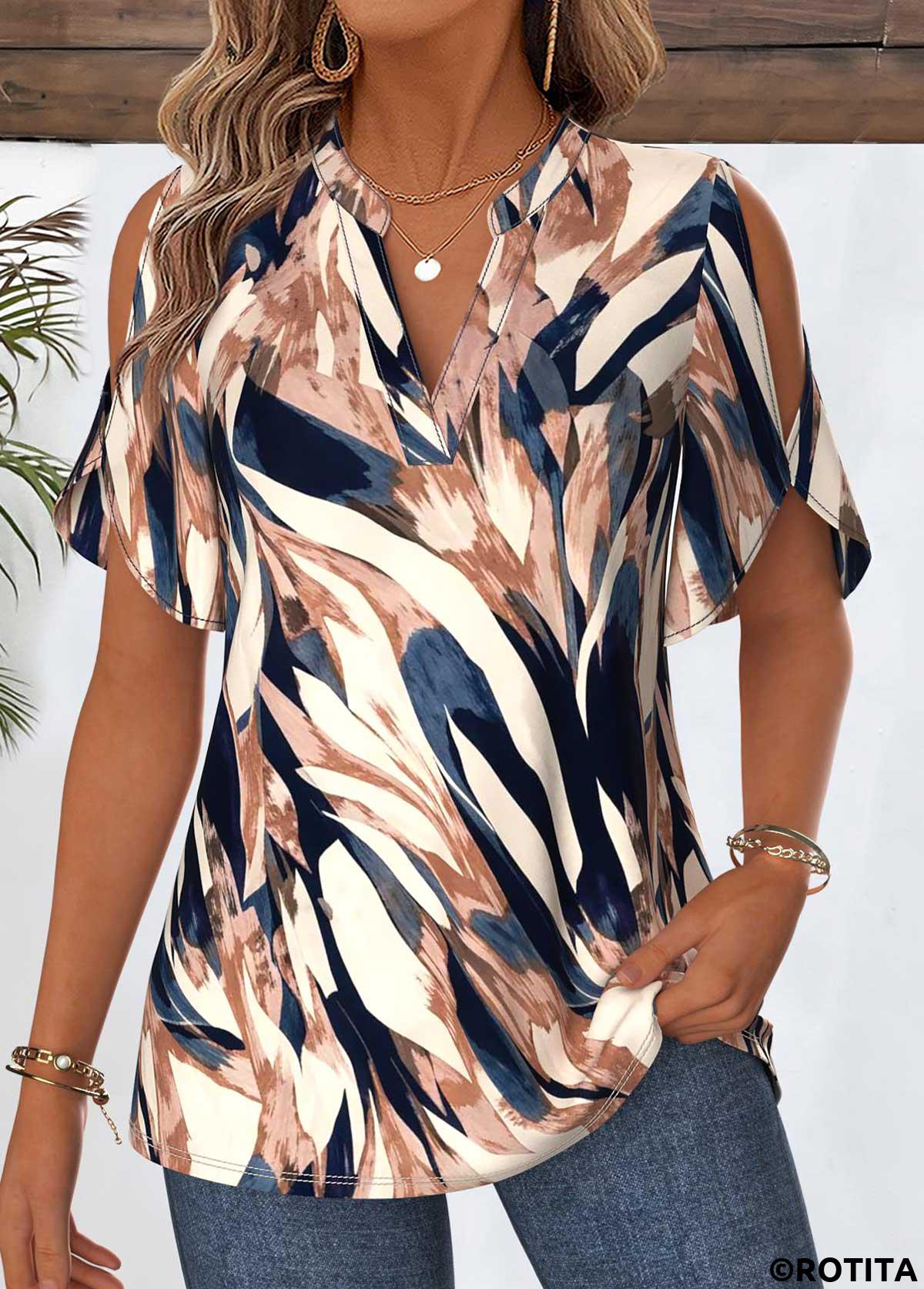 Multi Color tops,Geometric tops,ROTITA Curved Hem Geometric Print Multi Color Split Neck Blouse