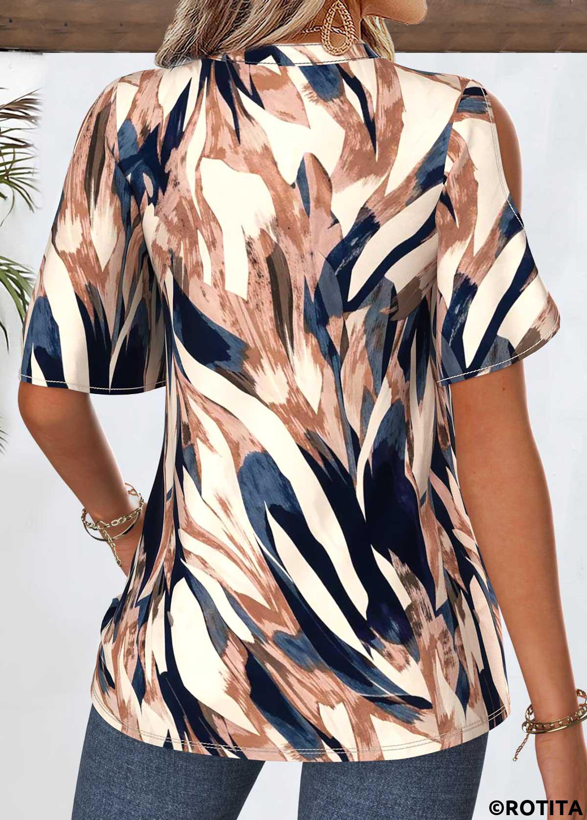 Multi Color tops,Geometric tops,ROTITA Curved Hem Geometric Print Multi Color Split Neck Blouse