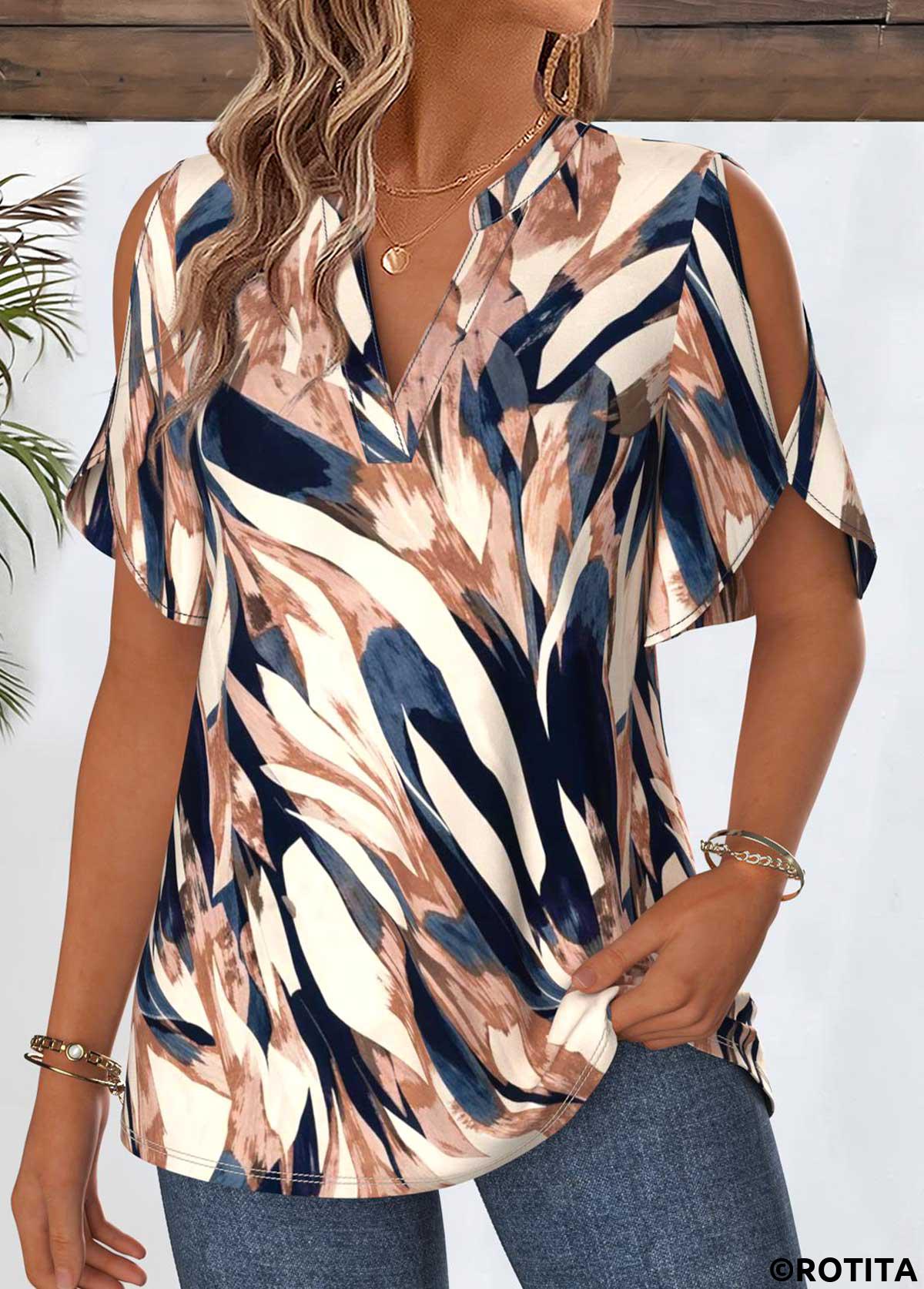 Multi Color tops,Geometric tops,ROTITA Curved Hem Geometric Print Multi Color Split Neck Blouse