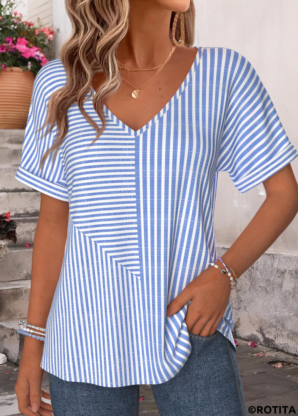 Blue tops,Striped tops,Geometric tops,ROTITA Curved Hem Striped Blue V Neck T Shirt