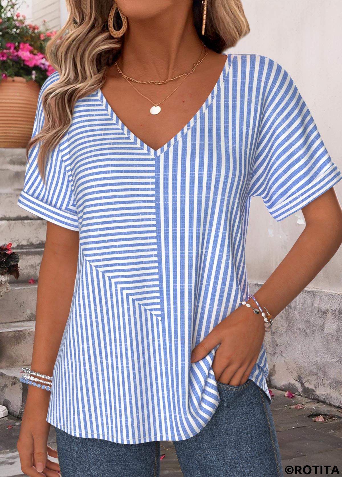 Blue tops,Striped tops,Geometric tops,ROTITA Curved Hem Striped Blue V Neck T Shirt