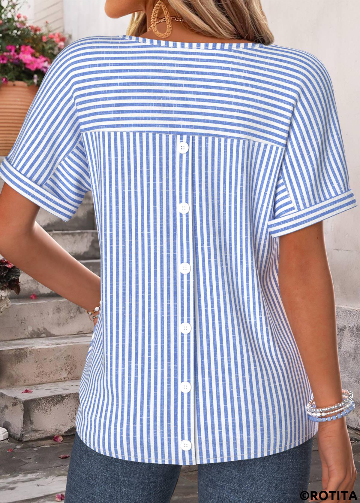 Blue tops,Striped tops,Geometric tops,ROTITA Curved Hem Striped Blue V Neck T Shirt