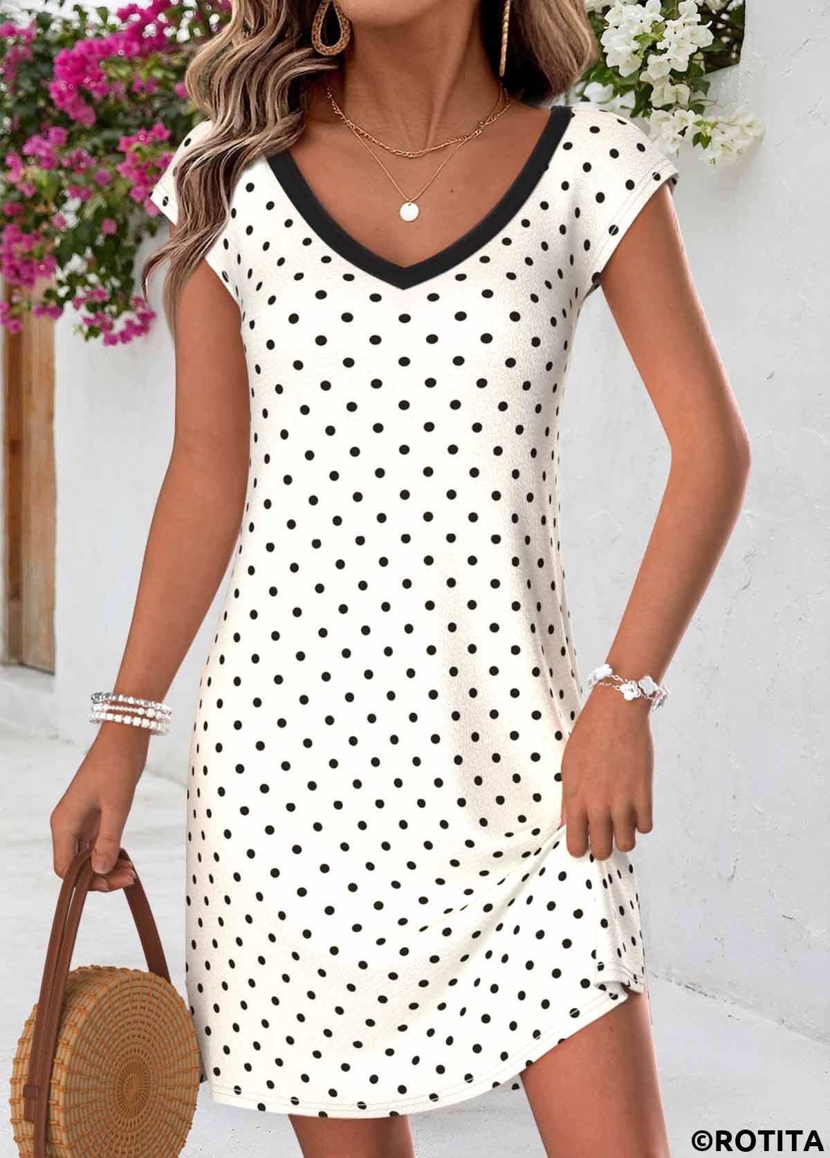Beige dresses,Dot dresses,Everyday dresses,Casual dresses,ROTITA Beige Polka Dot Tummy Coverage Short V Neck Dress