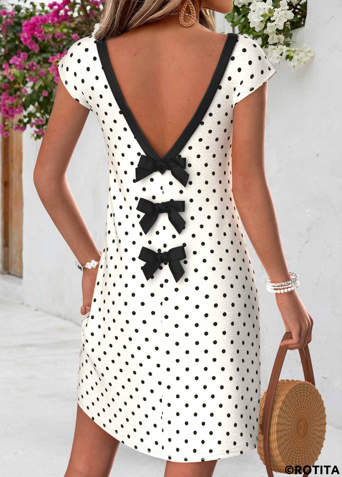 Beige dresses,Dot dresses,Everyday dresses,Casual dresses,ROTITA Beige Polka Dot Tummy Coverage Short V Neck Dress