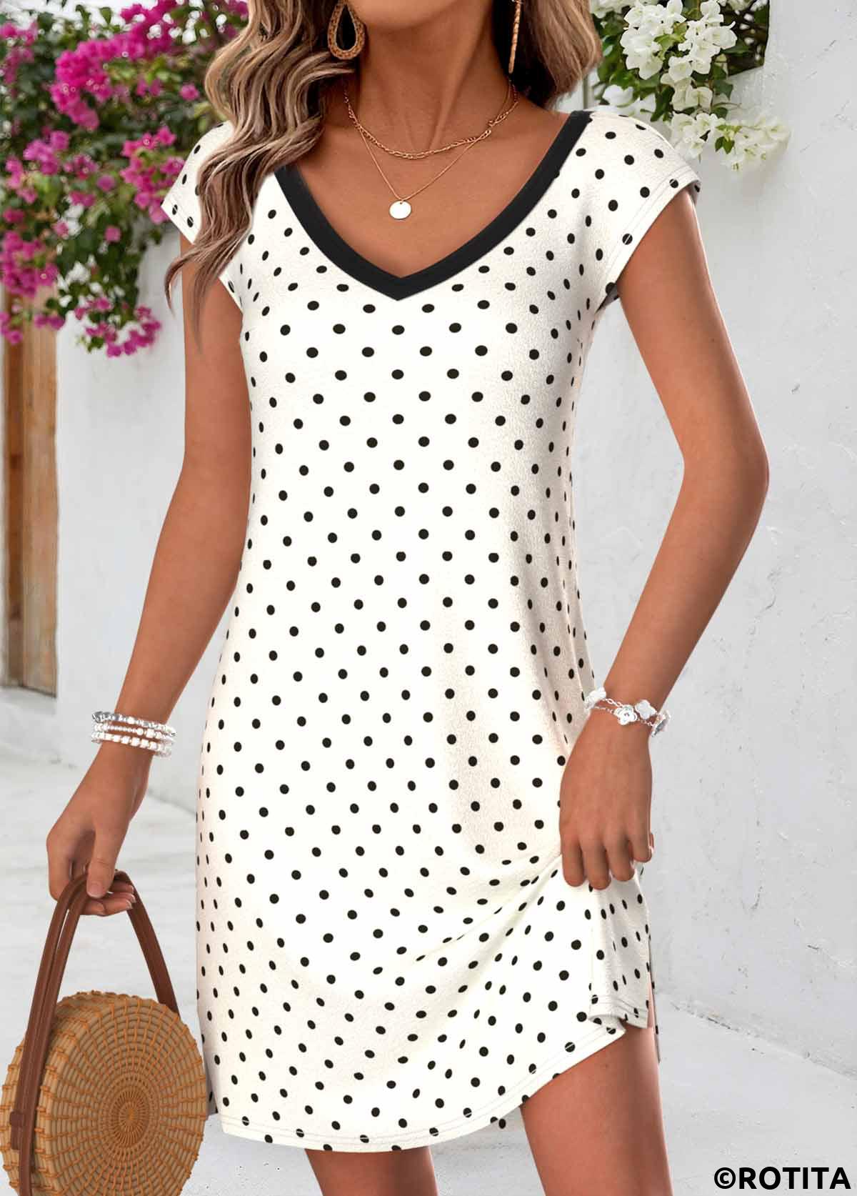 Beige dresses,Dot dresses,Everyday dresses,Casual dresses,ROTITA Beige Polka Dot Tummy Coverage Short V Neck Dress