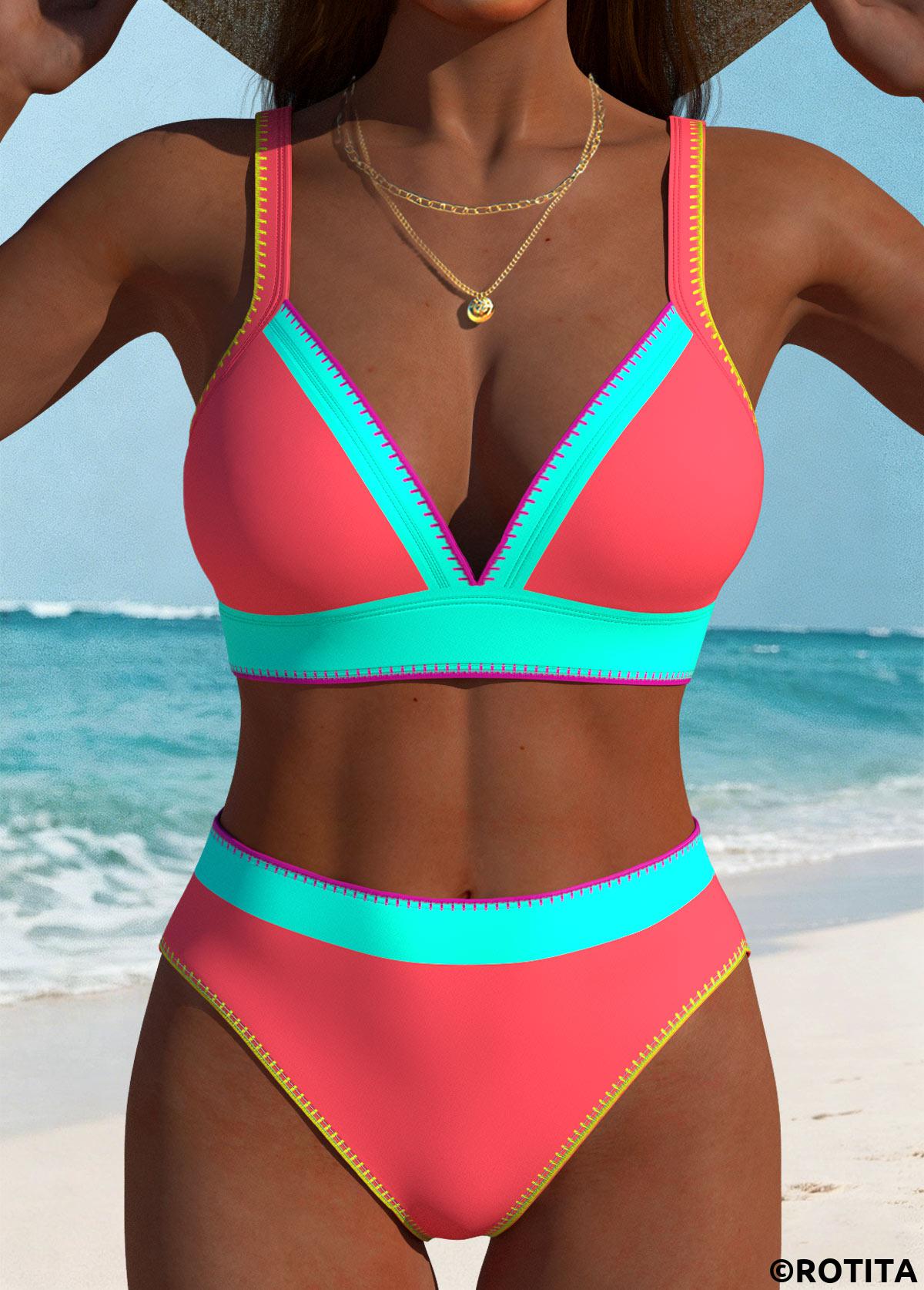 Multi Color swimwear,Plain Color swimwear,ROTITA Multi Color Contrast Piping High Waisted Bikini Set
