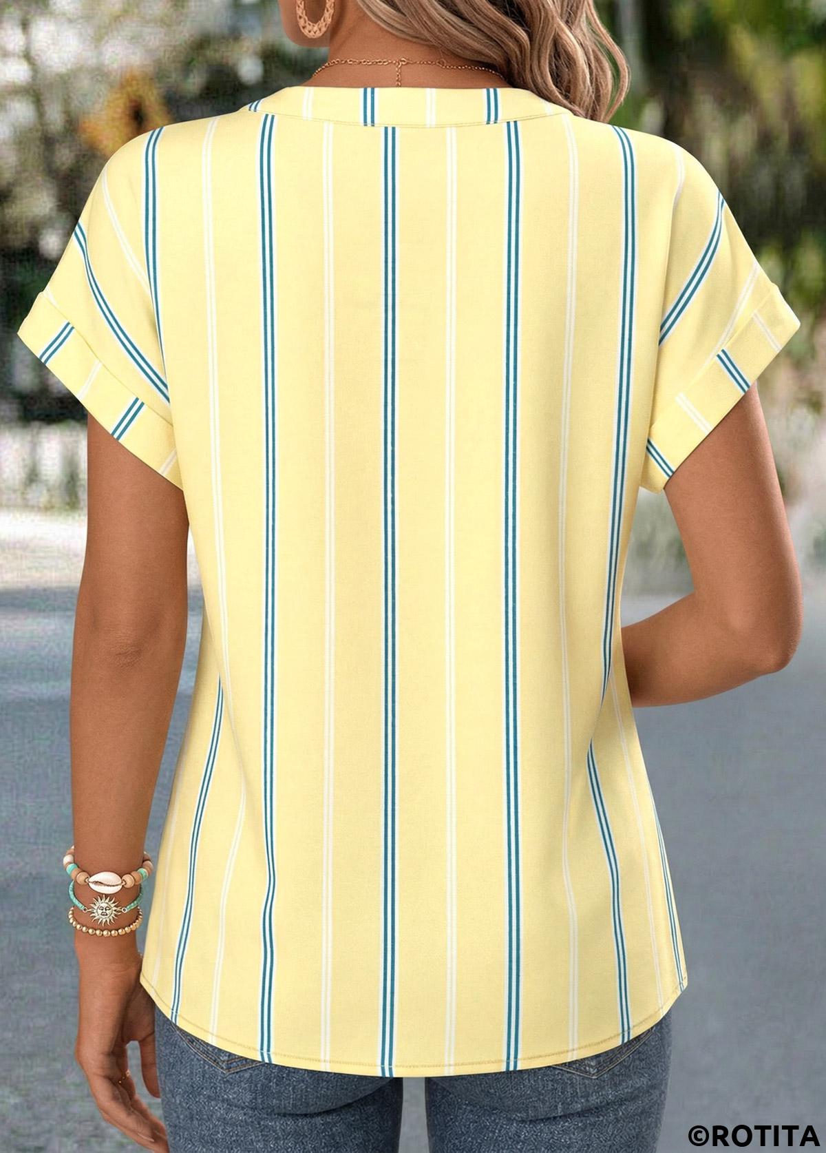 Light Yellow tops,Striped tops,Geometric tops,ROTITA Curved Hem Striped Light Yellow Split Neck Blouse