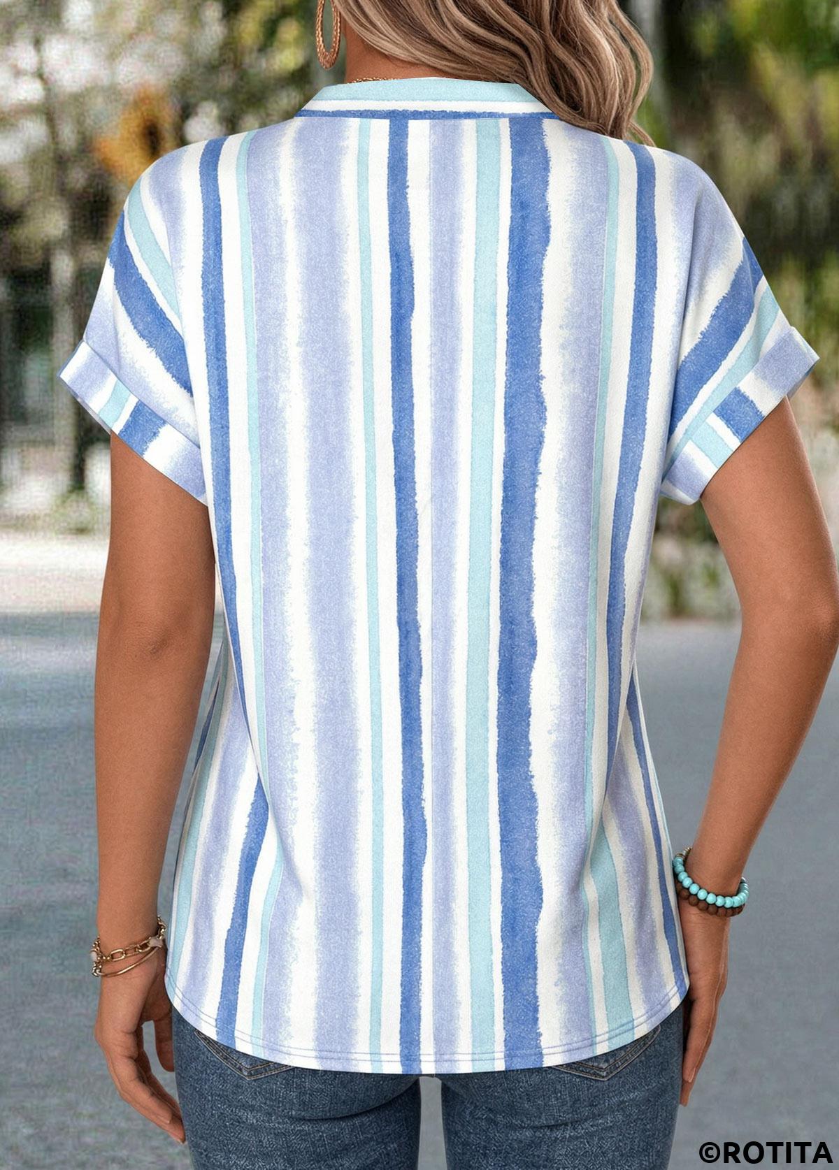 Light Blue tops,Geometric tops,ROTITA Tummy Coverage Geometric Print Light Blue V Neck Blouse