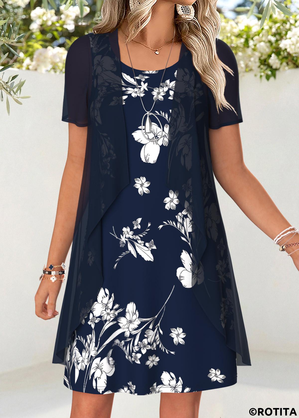 Navy dresses,Floral dresses,Plants dresses,Vacation dresses,Vacation dresses,ROTITA Navy Floral Print Two-piece Short Dress and Cardigan