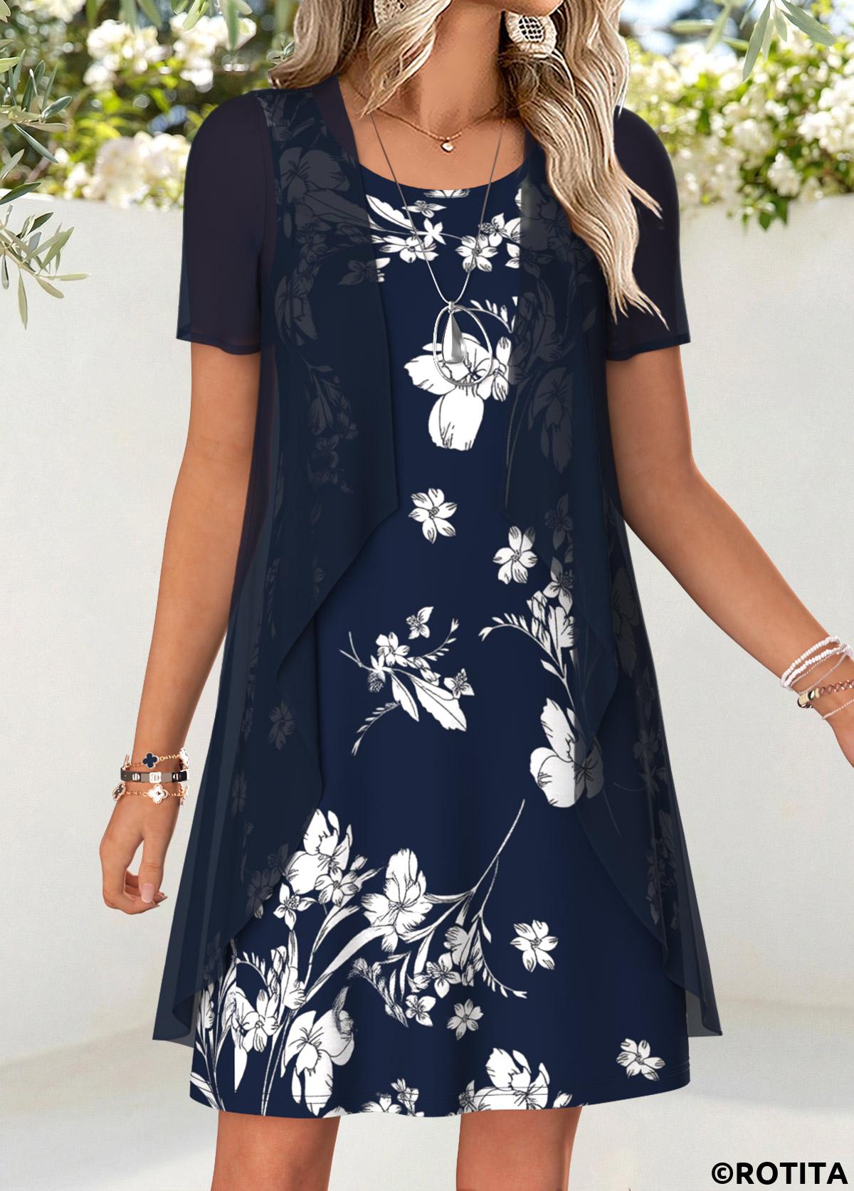 Navy dresses,Floral dresses,Plants dresses,Vacation dresses,Vacation dresses,ROTITA Navy Floral Print Two-piece Short Dress and Cardigan