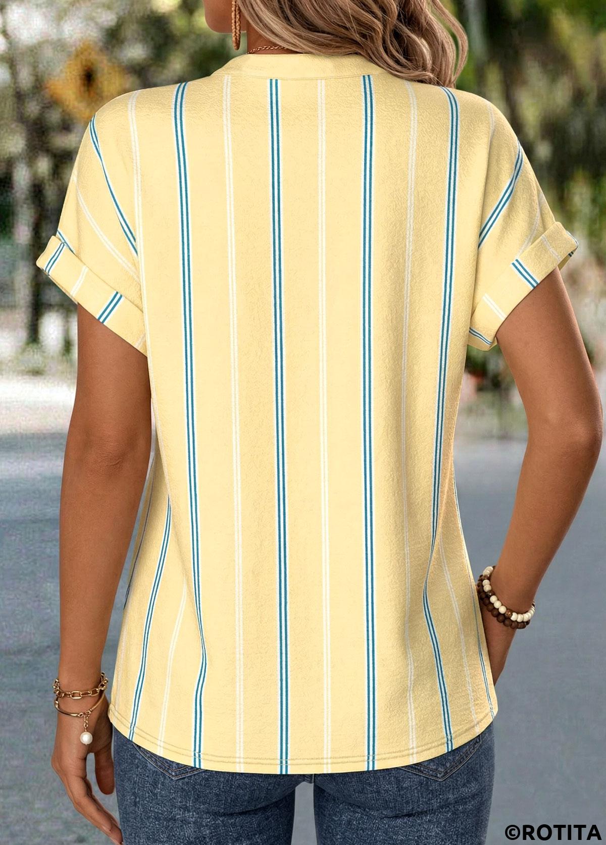 Yellow tops,Striped tops,Geometric tops,ROTITA Tummy Coverage Striped Yellow V Neck Short Sleeve Blouse
