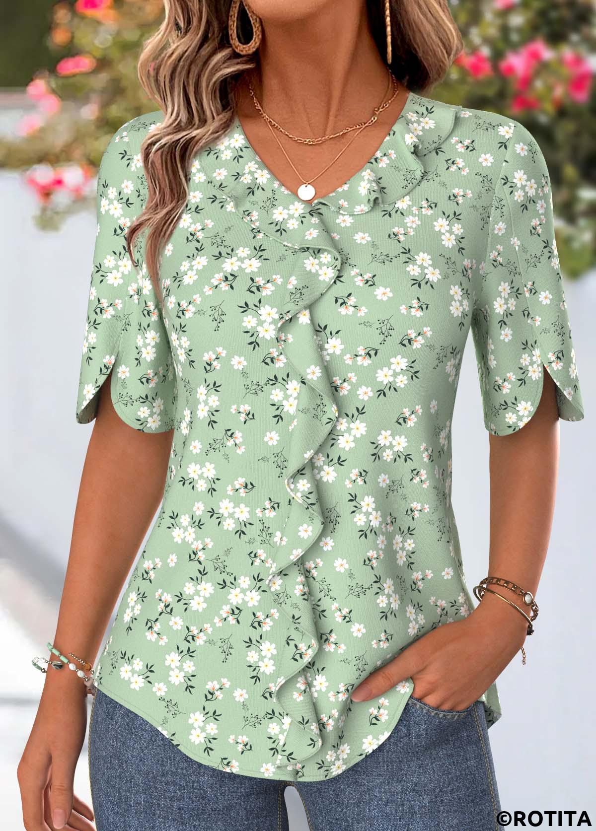 Sage Green tops,Ditsy Floral tops,ROTITA Curved Hem Ditsy Floral Print Sage Green Blouse