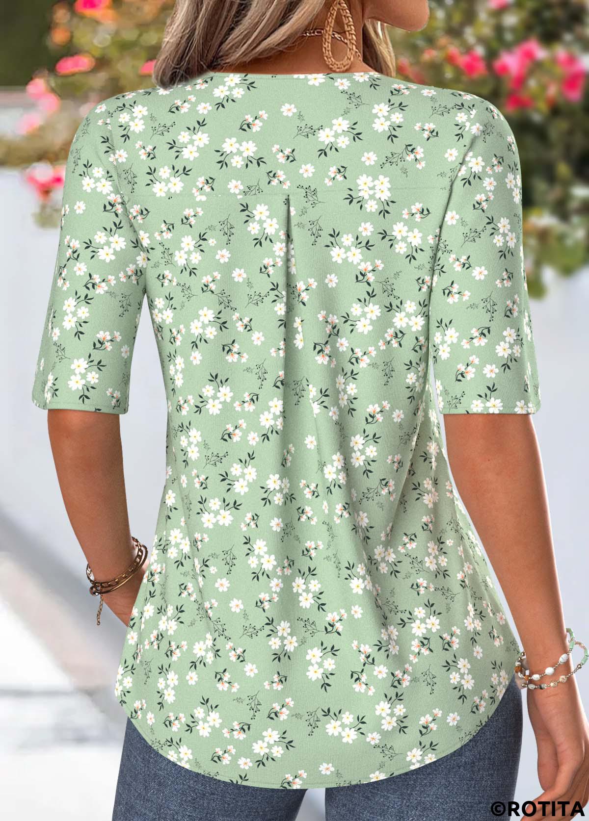Sage Green tops,Ditsy Floral tops,ROTITA Curved Hem Ditsy Floral Print Sage Green Blouse