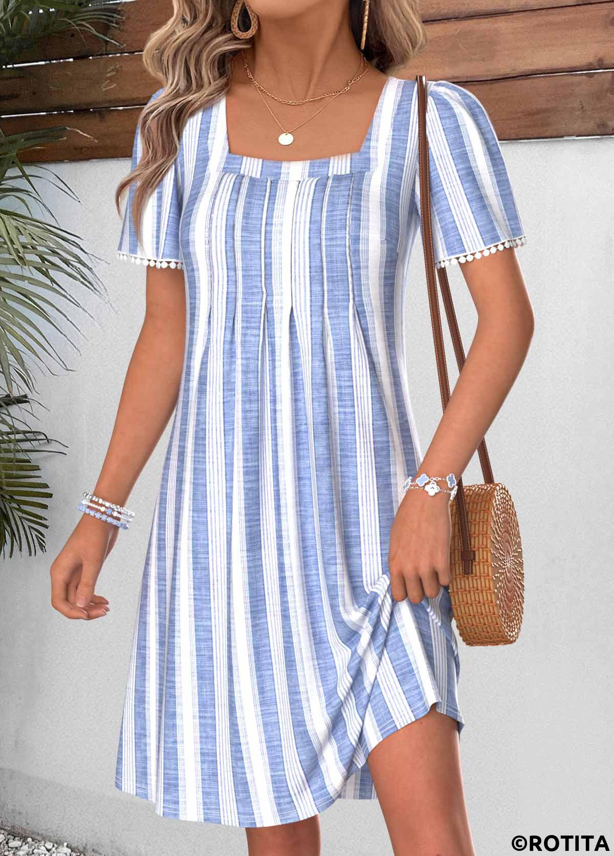Light Blue dresses,Striped dresses,Geometric dresses,Everyday dresses,Casual dresses,ROTITA Light Blue Striped Tummy Coverage Short Square Neck Dress
