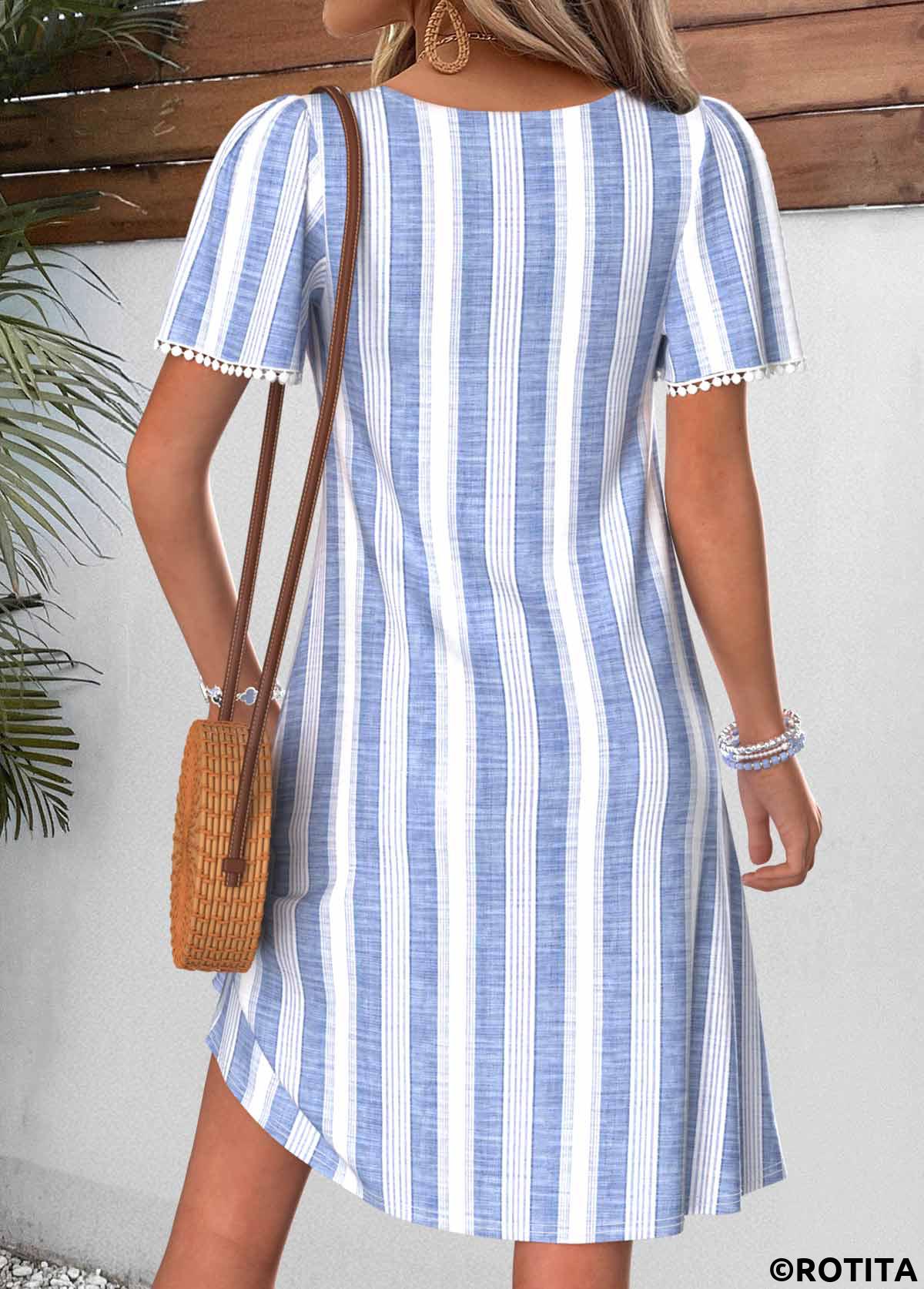 Light Blue dresses,Striped dresses,Geometric dresses,Everyday dresses,Casual dresses,ROTITA Light Blue Striped Tummy Coverage Short Square Neck Dress
