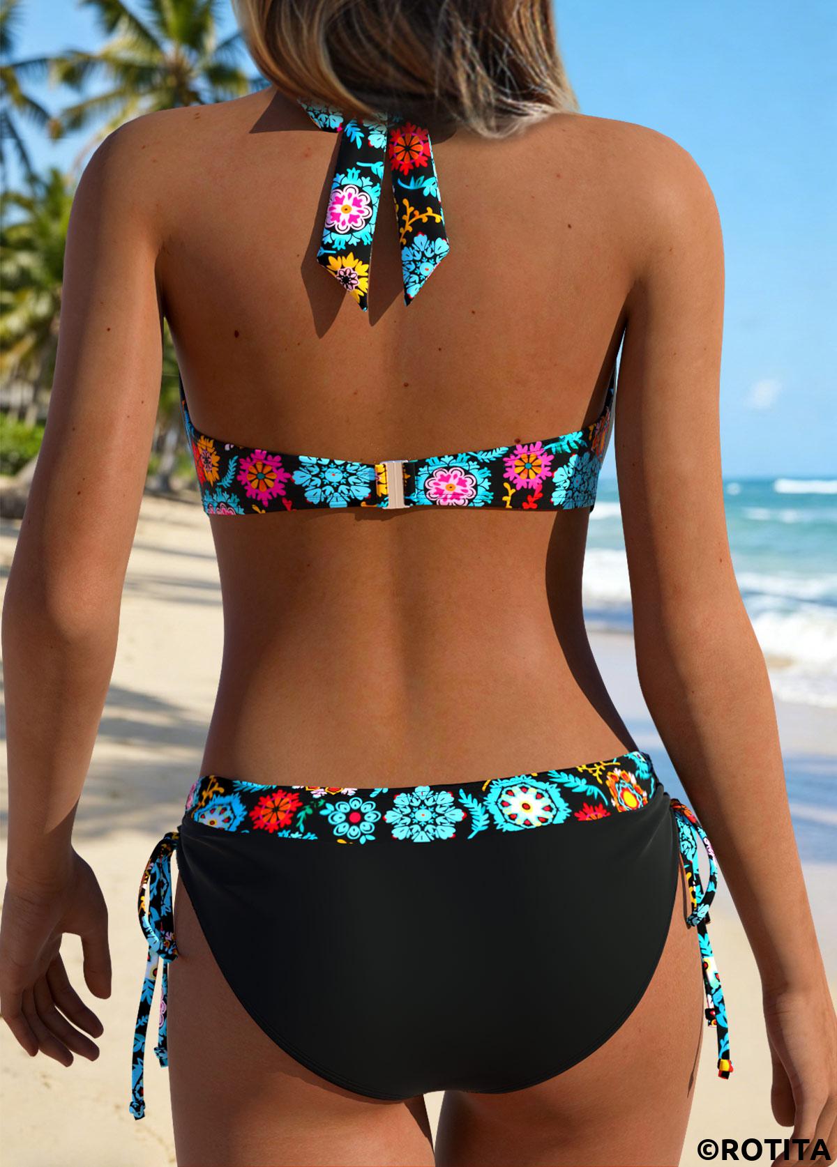 Black swimwear,Tribal swimwear,ROTITA Black Patchwork Tribal Print Mid Waisted Bikini Set