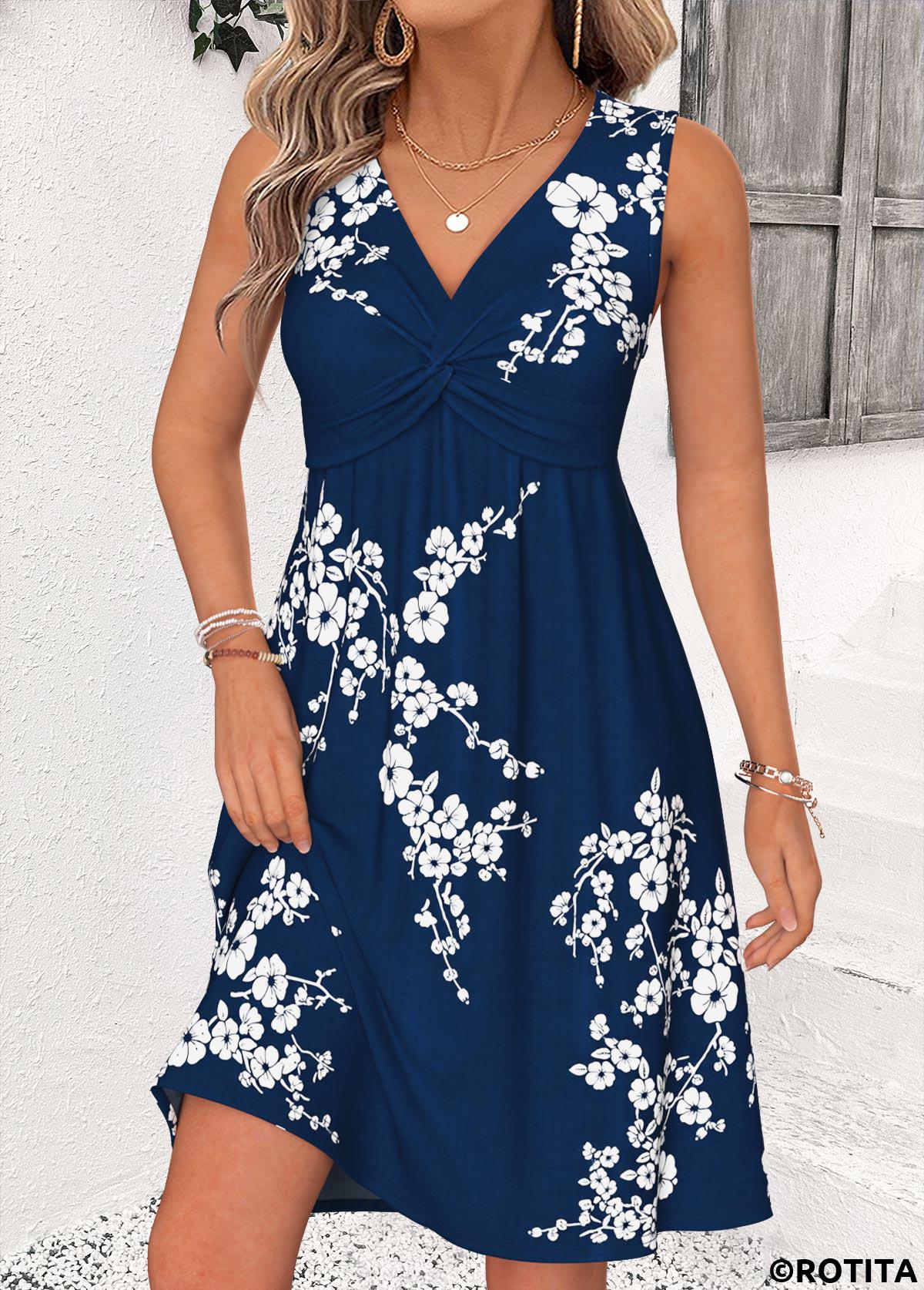 Navy dresses,Floral dresses,Plants dresses,Vacation dresses,Vacation dresses,ROTITA Navy Floral Print Shirred Short V Neck Sleeveless Dress