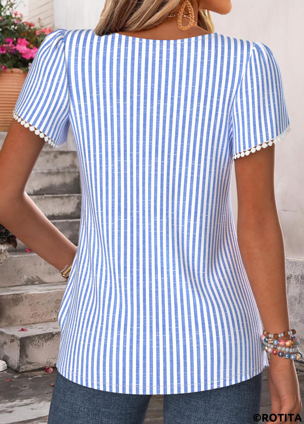 Blue tops,Striped tops,Geometric tops,ROTITA Shirred Striped Blue Short Sleeve Blouse